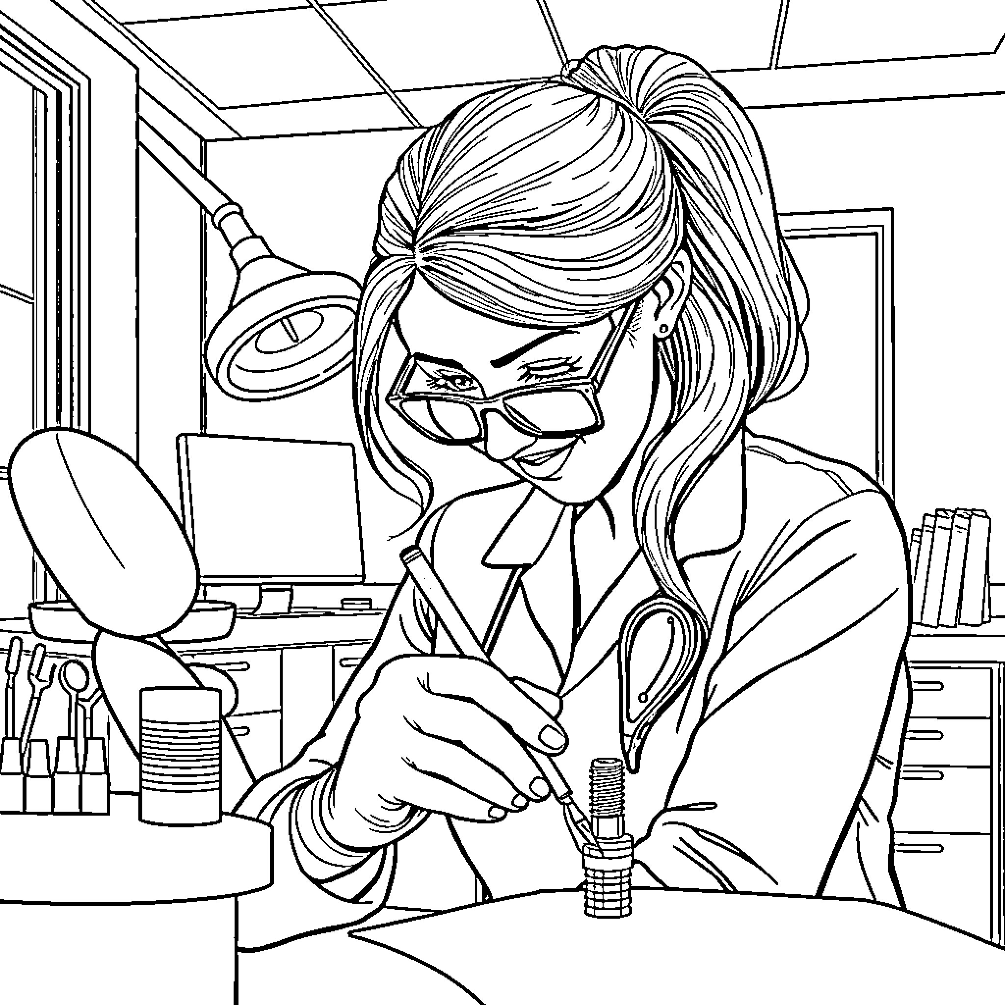 Dentist examining patient's teeth in clinic Coloring Page (free black-and-white line drawing printable PDF for all, from beginners to advanced learners, including children, teens, adults, and seniors)