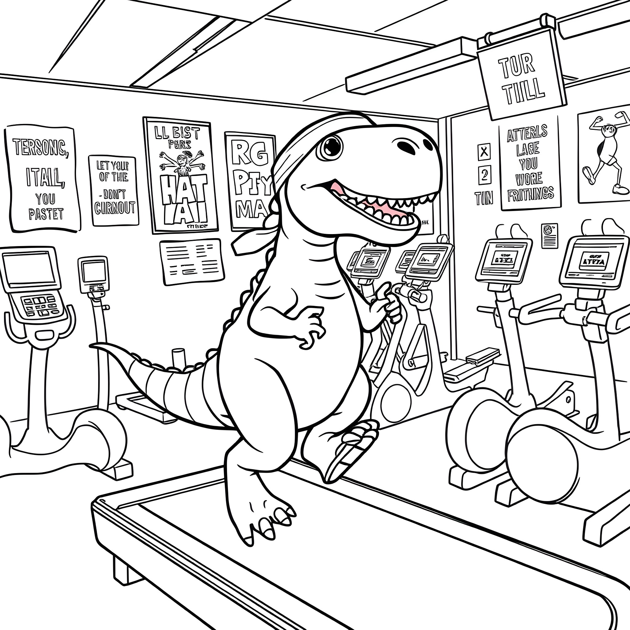 Dino working out at the gym Coloring Page (free black-and-white line drawing printable PDF for all, from beginners to advanced learners, including children, teens, adults, and seniors)