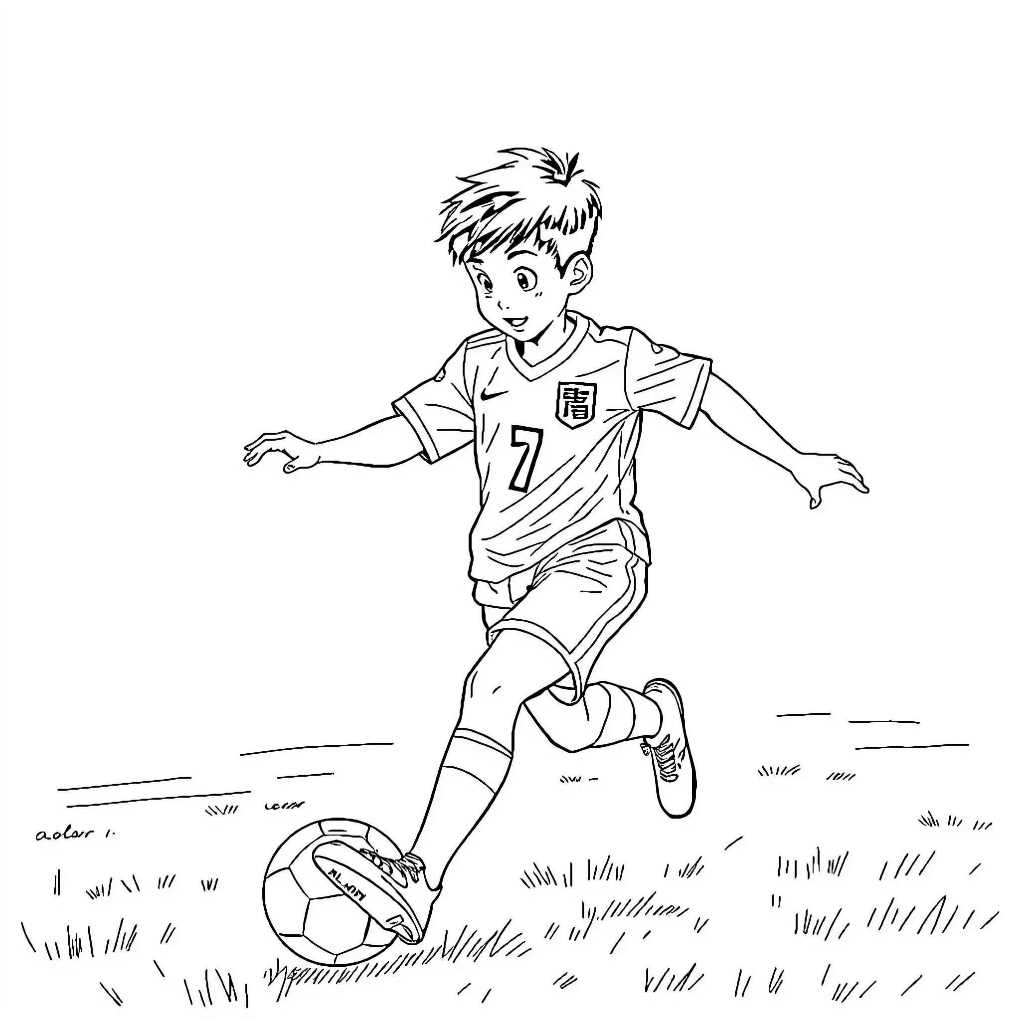 Rin Itoshi playing soccer enthusiastically on the field Coloring Page (free black-and-white line drawing printable PDF for all, from beginners to advanced learners, including children, teens, adults, and seniors)