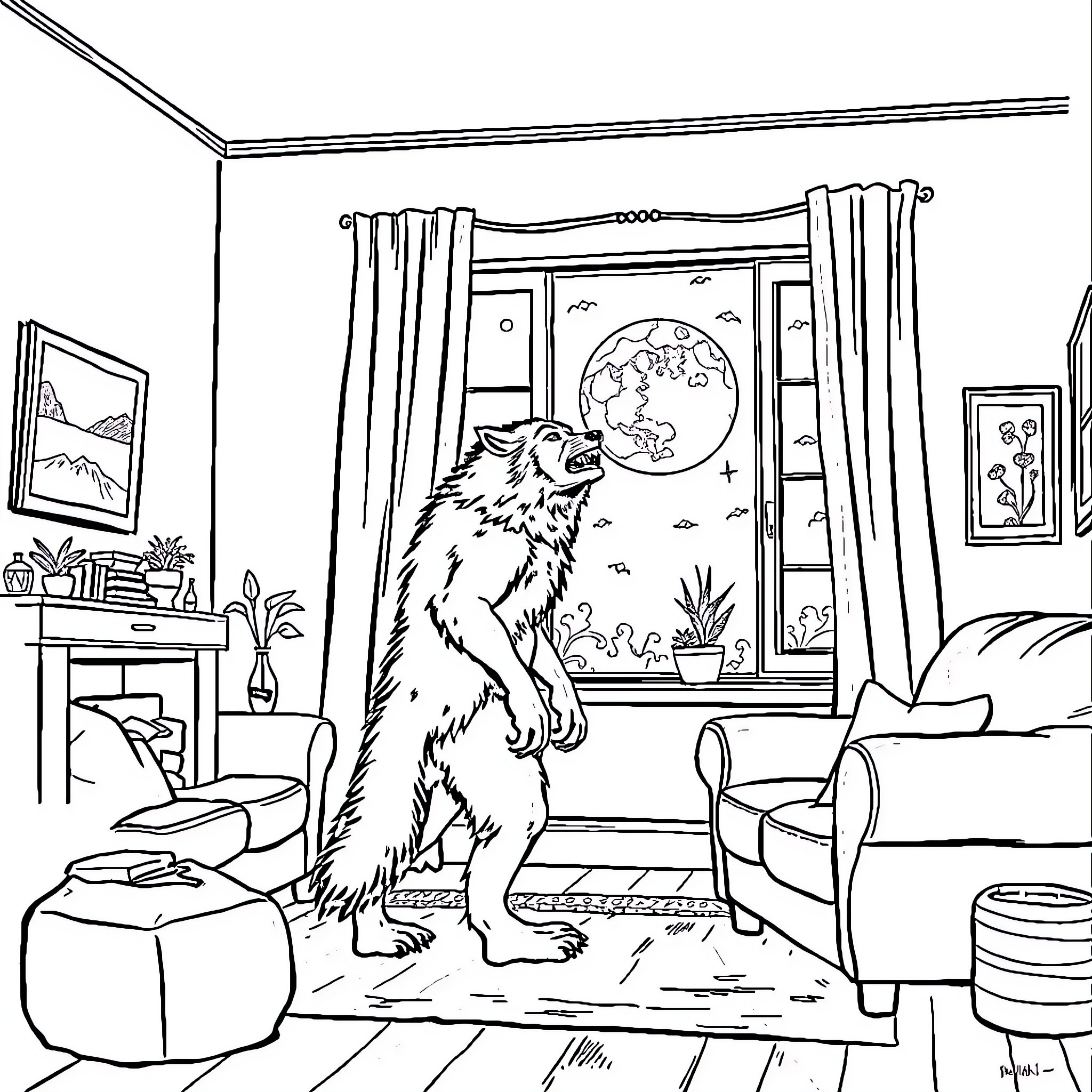 Werewolf howling in a cozy living room Coloring Page (free black-and-white line drawing printable PDF for all, from beginners to advanced learners, including children, teens, adults, and seniors)