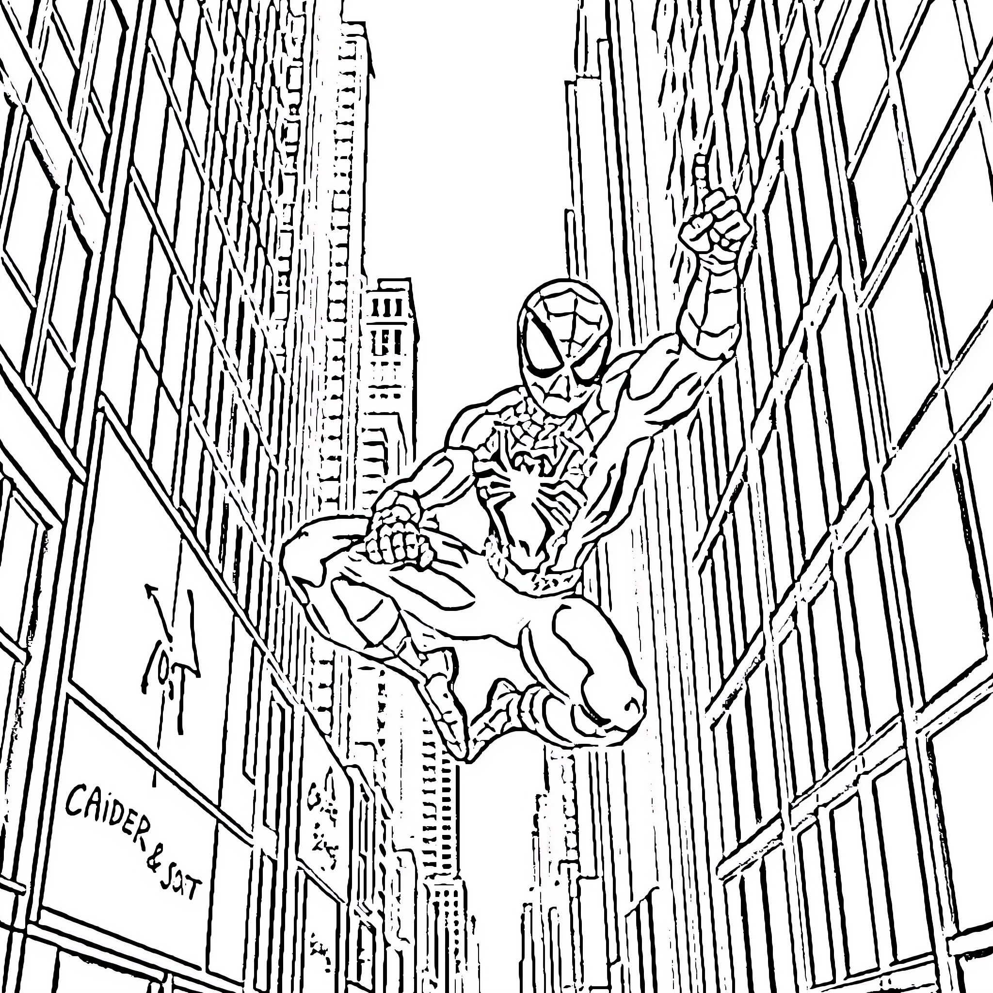 Spider-Man swinging through the city skyline Coloring Page (free black-and-white line drawing printable PDF for all, from beginners to advanced learners, including children, teens, adults, and seniors)