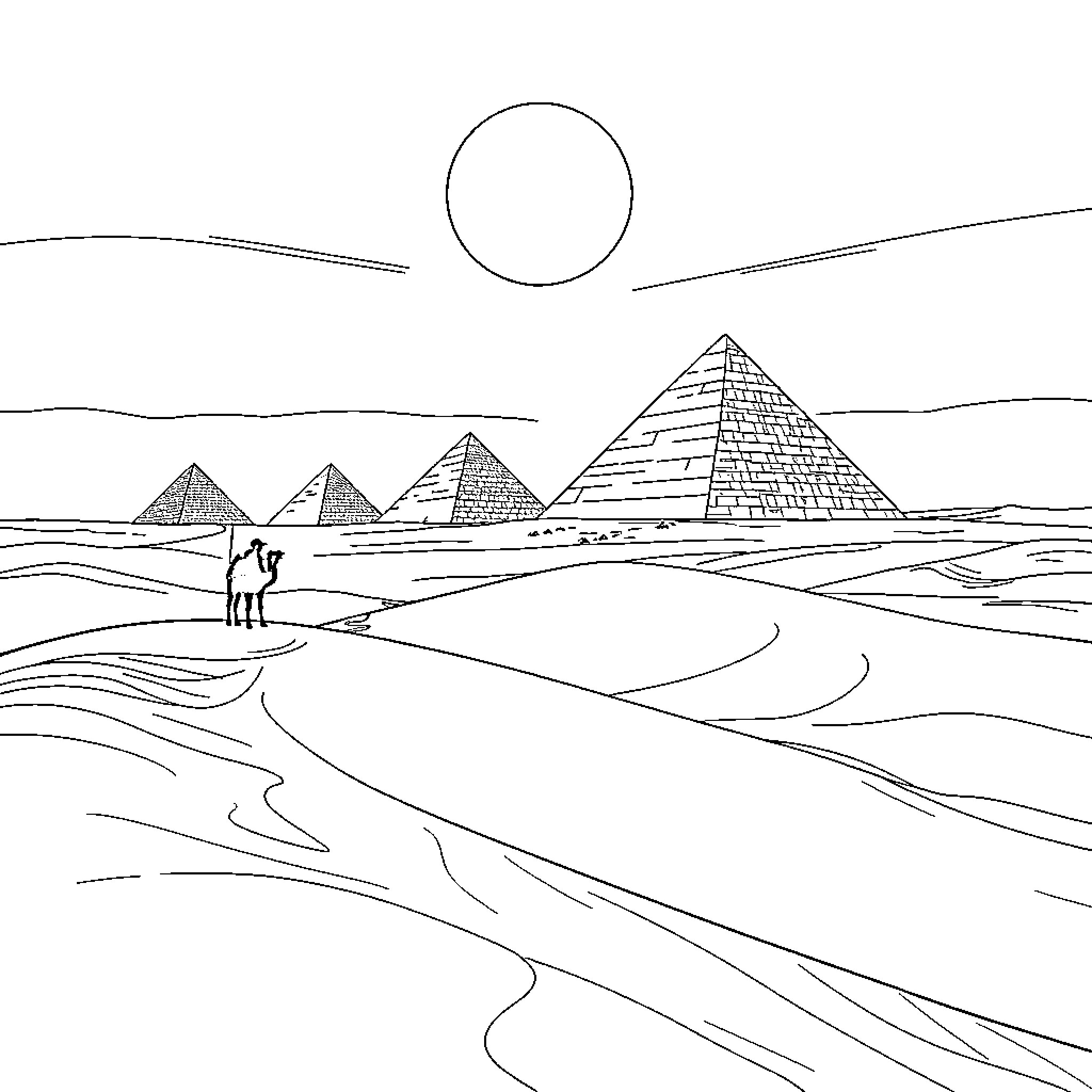 Desert scene with pyramids and lone figure Coloring Page (free black-and-white line drawing printable PDF for all, from beginners to advanced learners, including children, teens, adults, and seniors)