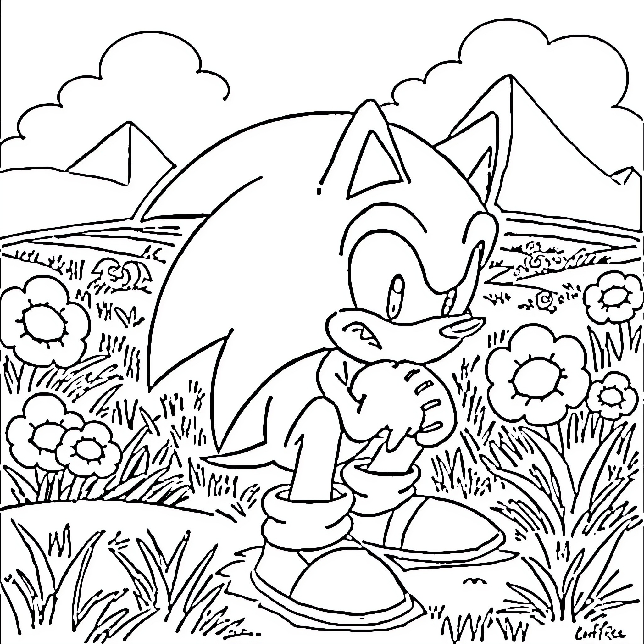 Sonic enjoying nature in a peaceful landscape Coloring Page (free black-and-white line drawing printable PDF for all, from beginners to advanced learners, including children, teens, adults, and seniors)