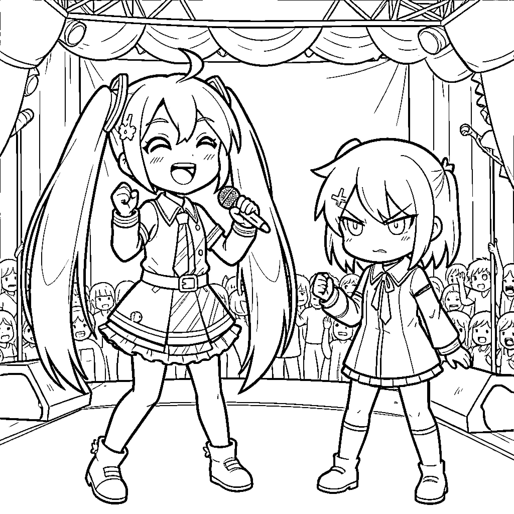 Miku singing joyfully on stage with a friend Coloring Page (free black-and-white line drawing printable PDF for all, from beginners to advanced learners, including children, teens, adults, and seniors)