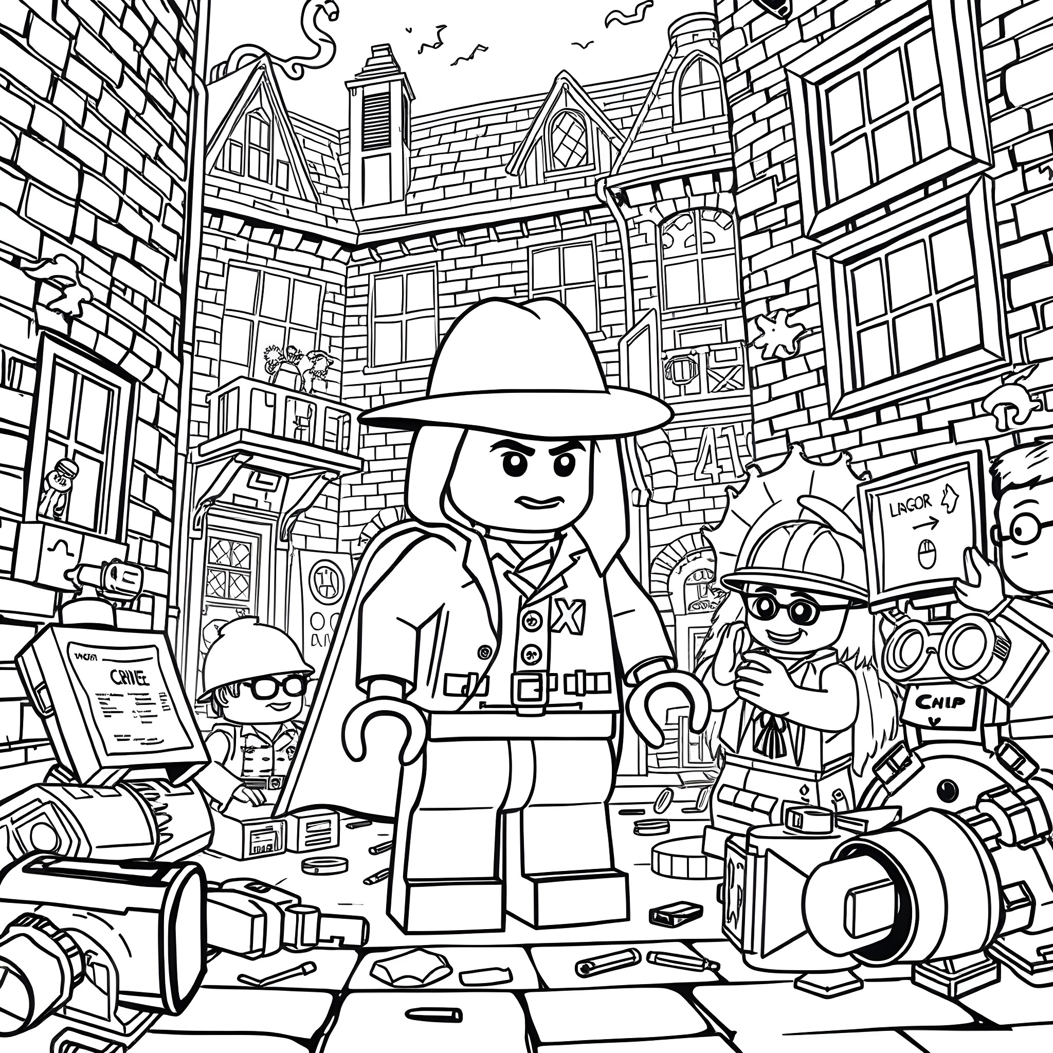 Lego Detective Investigates the Mysterious Scene Coloring Page (free black-and-white line drawing printable PDF for all, from beginners to advanced learners, including children, teens, adults, and seniors)