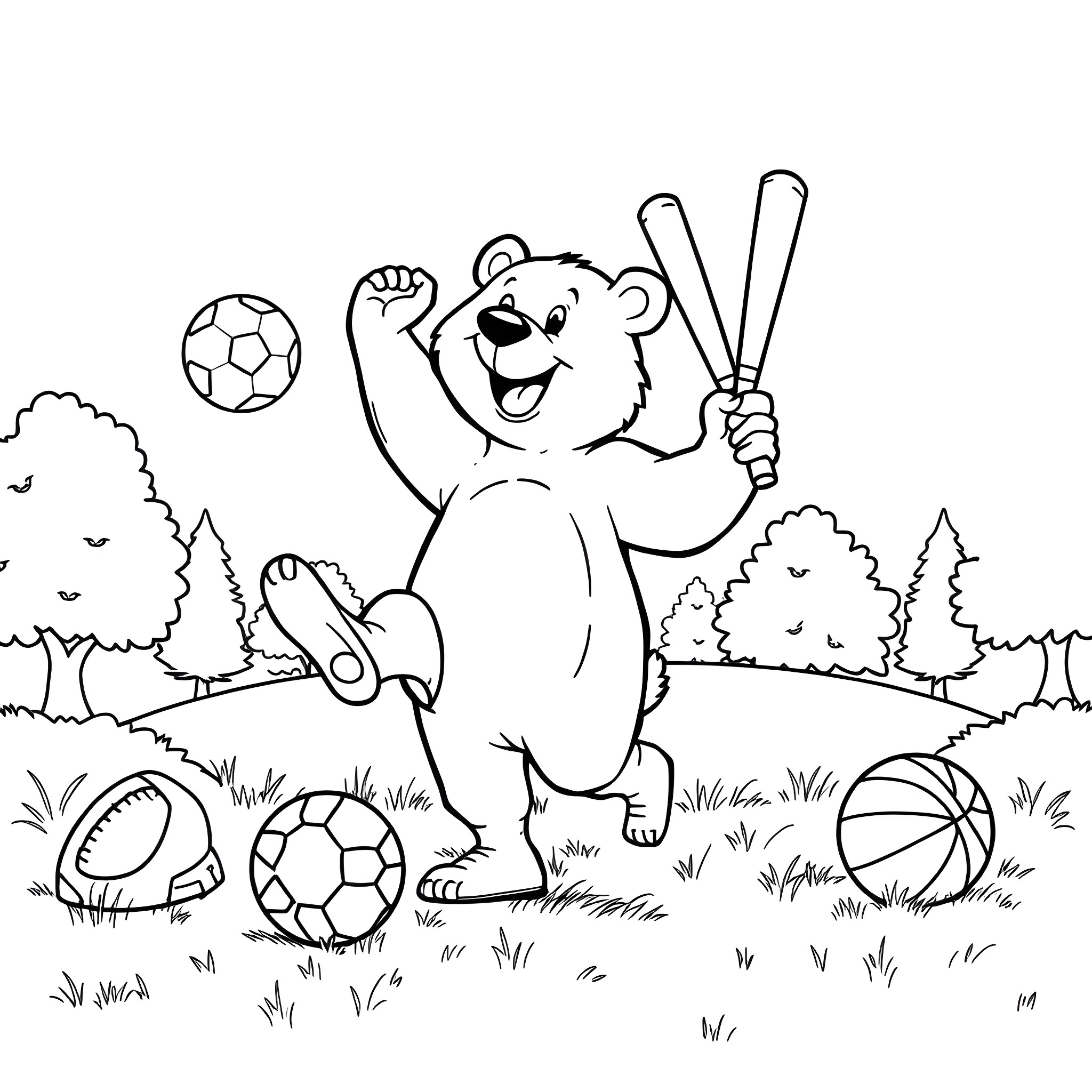 Bear playing with sports equipment in the park Coloring Page (free black-and-white line drawing printable PDF for all, from beginners to advanced learners, including children, teens, adults, and seniors)