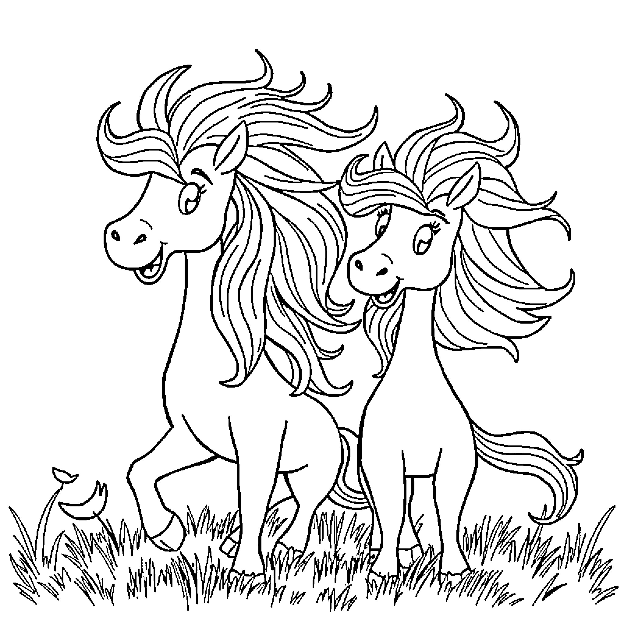 Wild Man's Whimsical Equine Companions Coloring Page (free black-and-white line drawing printable PDF for all, from beginners to advanced learners, including children, teens, adults, and seniors)