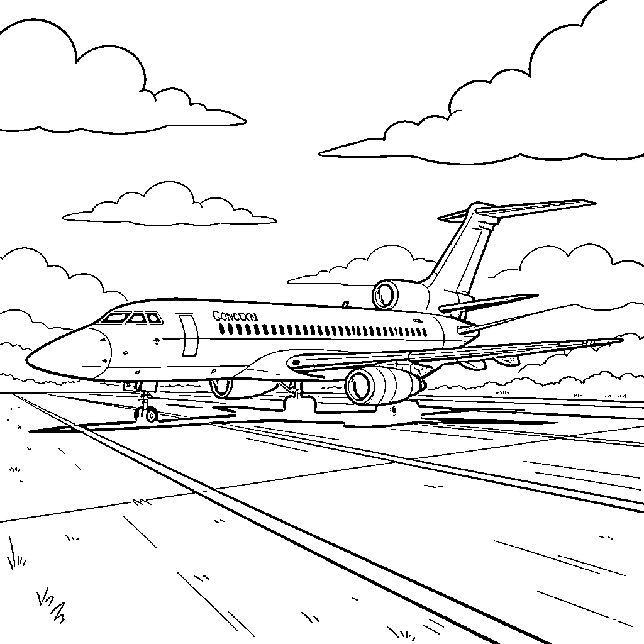 Concorde jet taking off from the airport runway Coloring Page (free black-and-white line drawing printable PDF for all, from beginners to advanced learners, including children, teens, adults, and seniors)