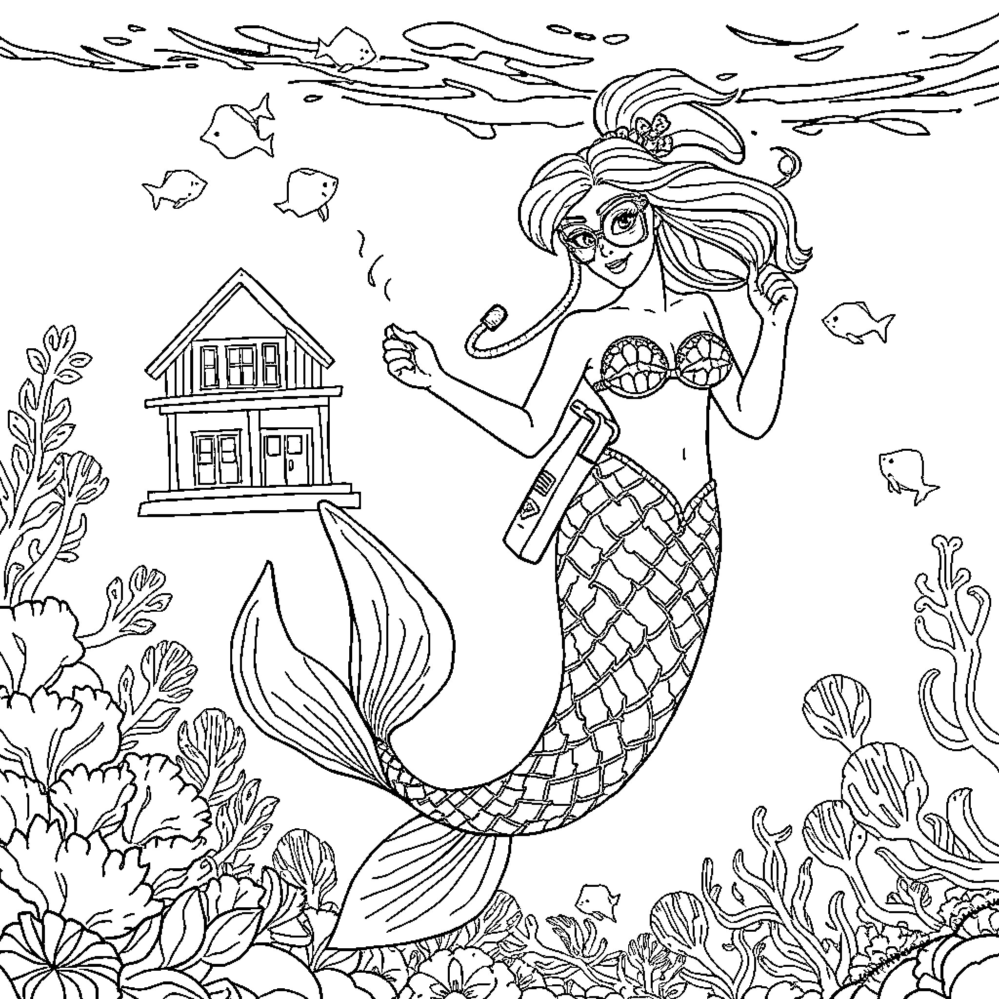 Mermaid exploring the underwater world Coloring Page (free black-and-white line drawing printable PDF for all, from beginners to advanced learners, including children, teens, adults, and seniors)