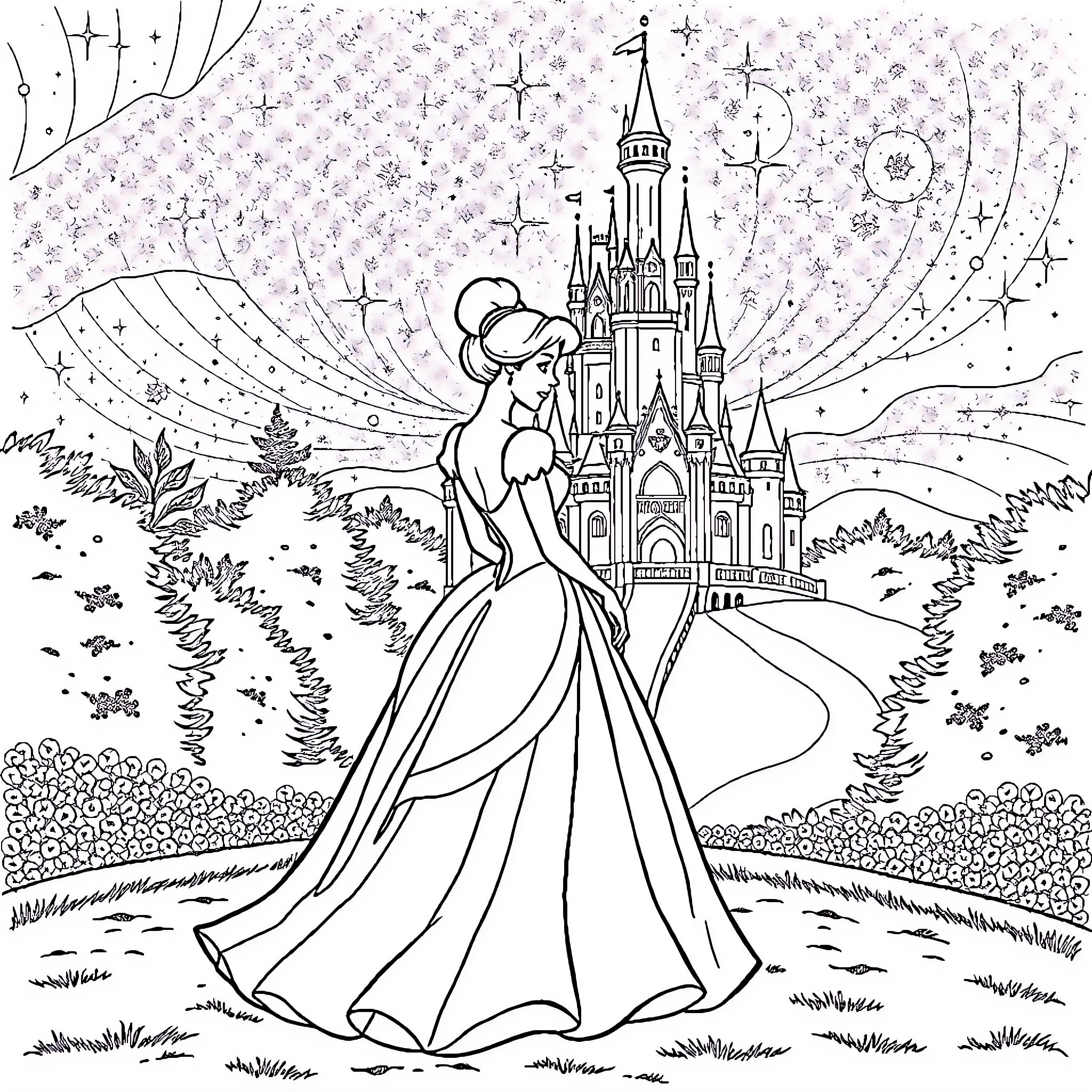 Cinderella's Enchanting Castle Journey Coloring Page (free black-and-white line drawing printable PDF for all, from beginners to advanced learners, including children, teens, adults, and seniors)