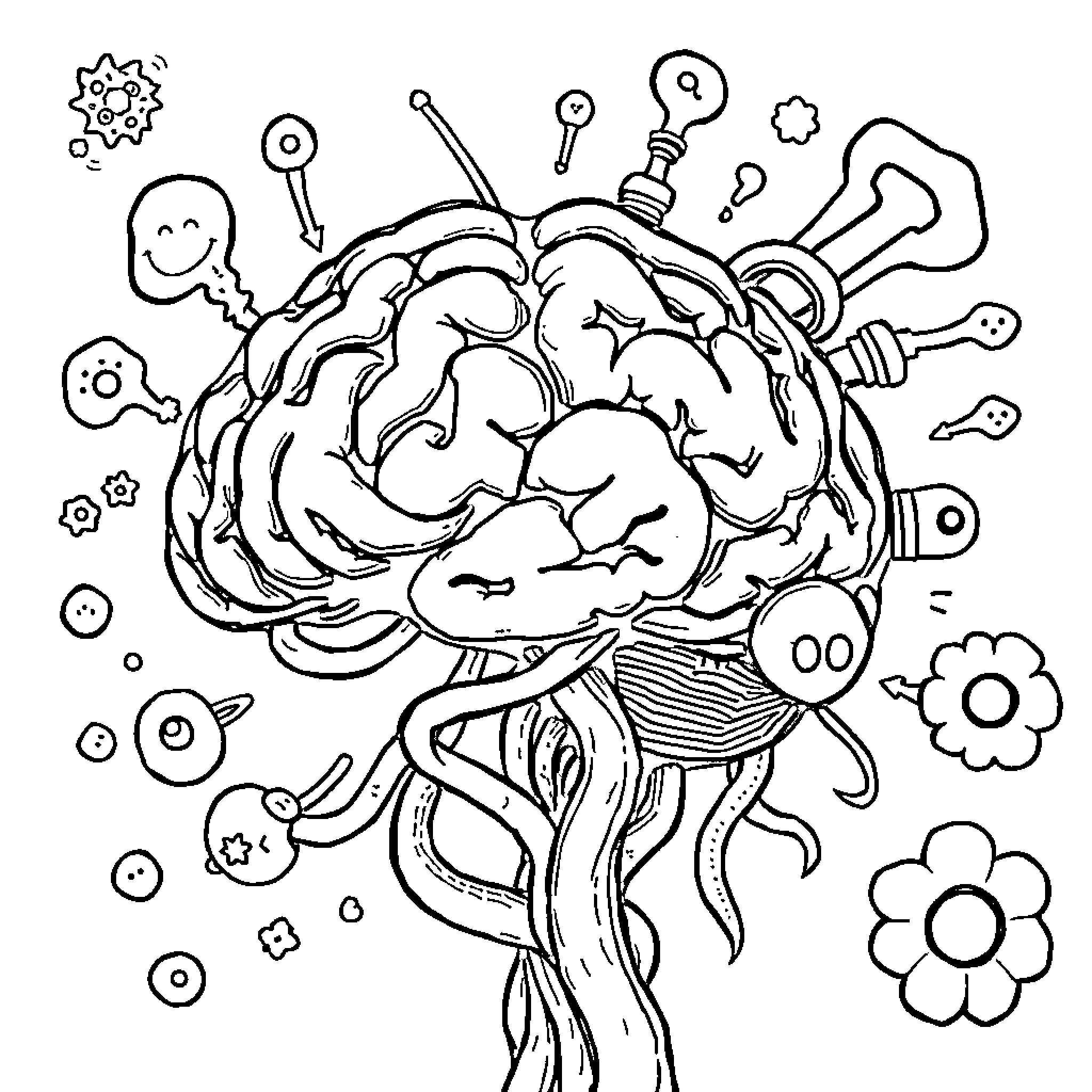 Brain expressing creativity and imagination Coloring Page (free black-and-white line drawing printable PDF for all, from beginners to advanced learners, including children, teens, adults, and seniors)