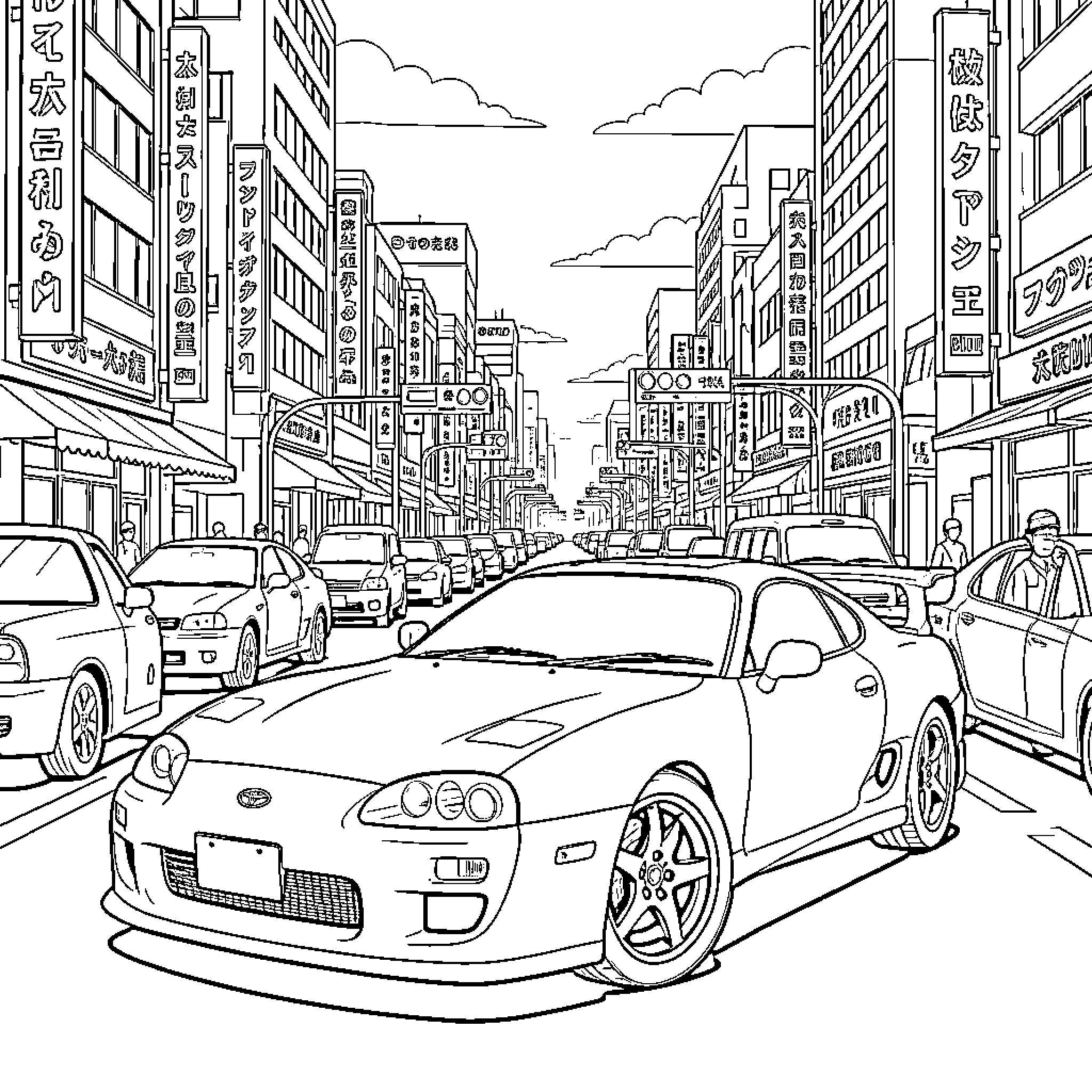 Toyota Supra driving through a busy city street Coloring Page (free black-and-white line drawing printable PDF for all, from beginners to advanced learners, including children, teens, adults, and seniors)