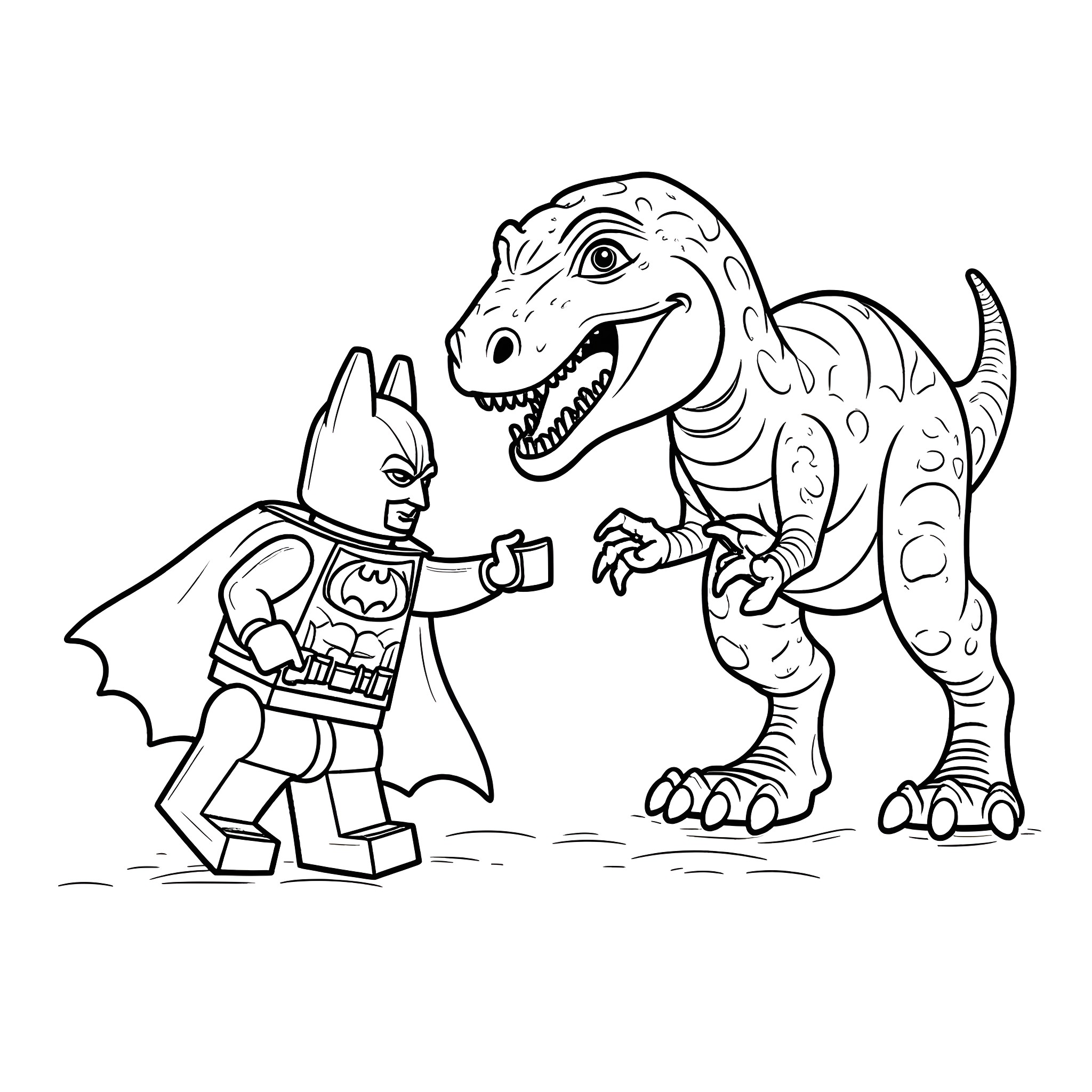 Dinosaur and superhero facing off Coloring Page (free black-and-white line drawing printable PDF for all, from beginners to advanced learners, including children, teens, adults, and seniors)