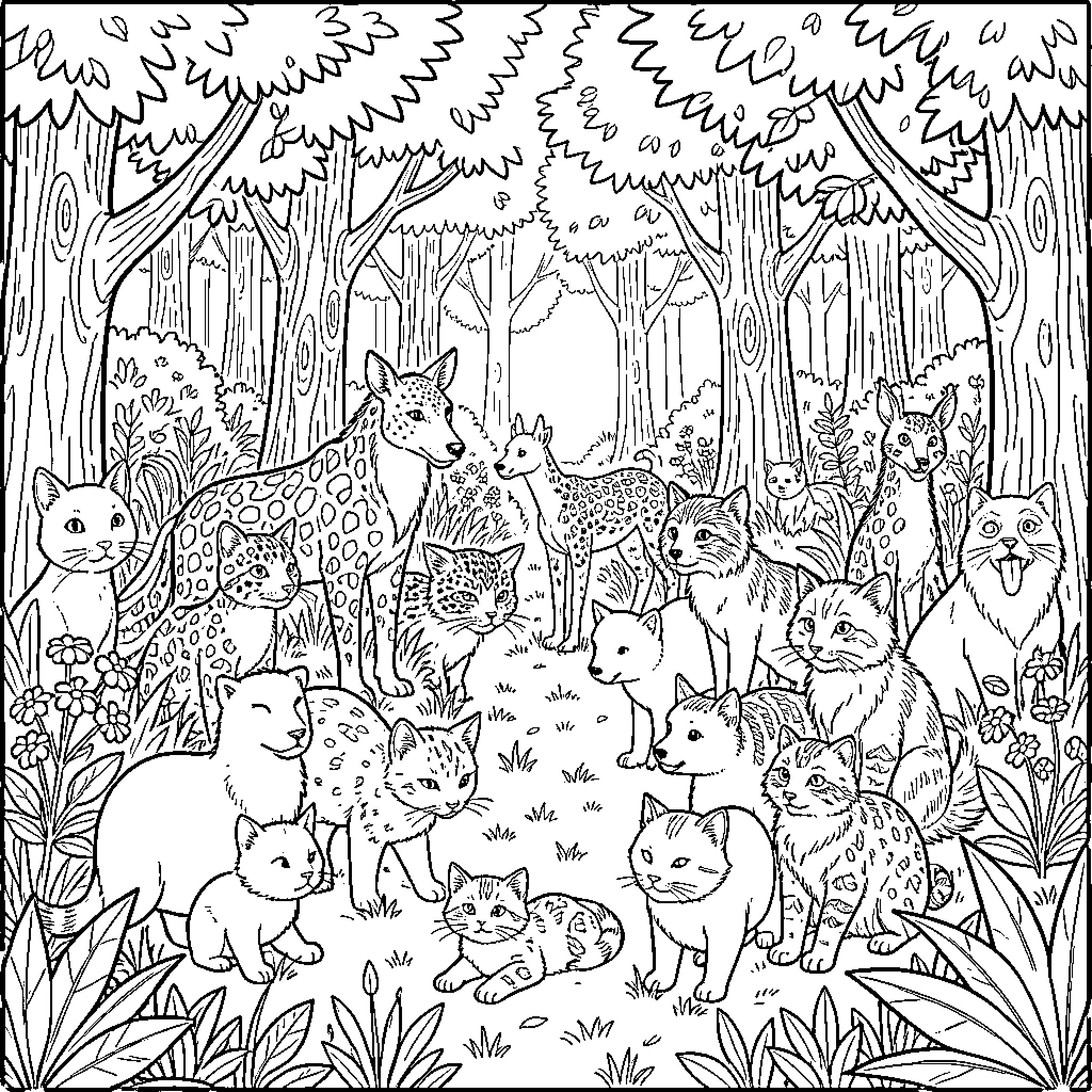 Animal gathering in the enchanted forest Coloring Page (free black-and-white line drawing printable PDF for all, from beginners to advanced learners, including children, teens, adults, and seniors)