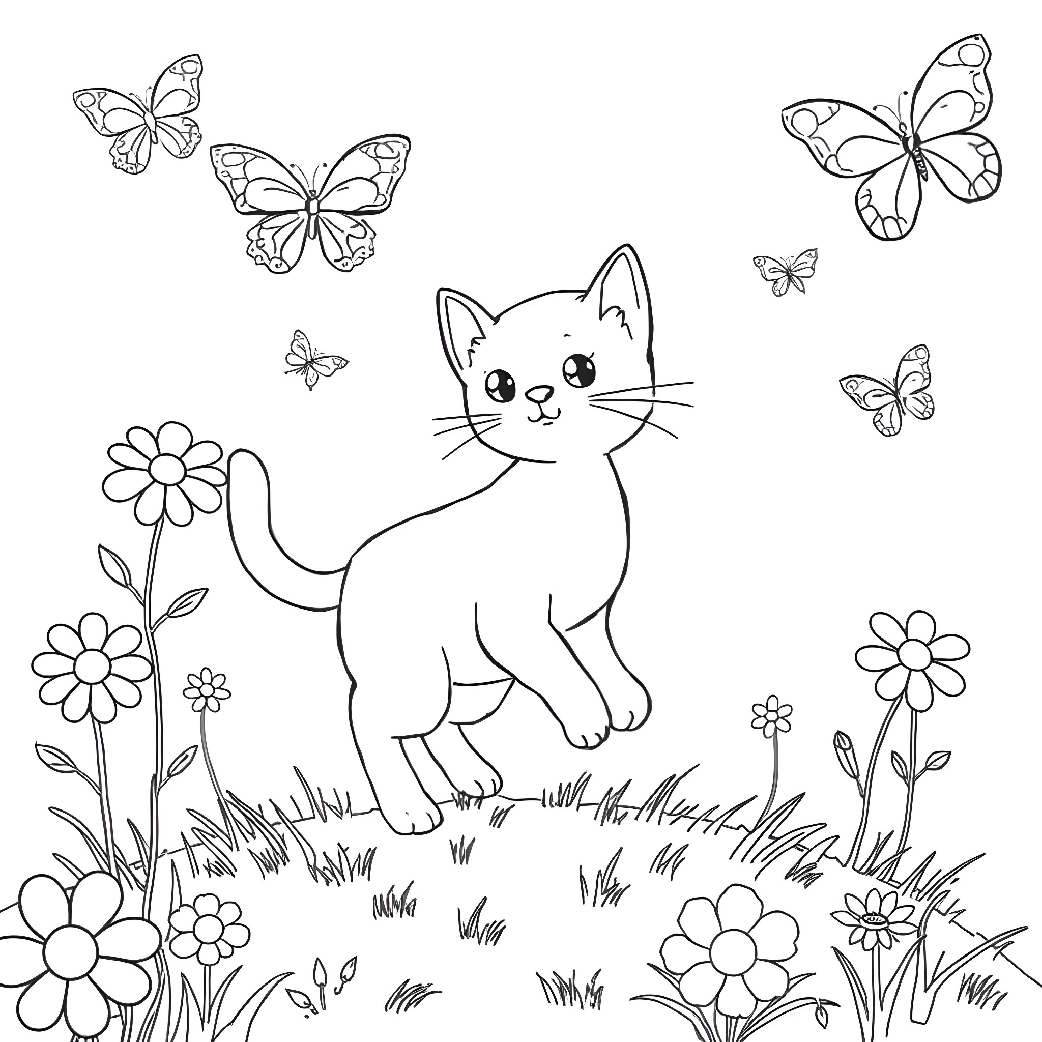 Cat in the Meadow with Butterflies Coloring Page (free black-and-white line drawing printable PDF for all, from beginners to advanced learners, including children, teens, adults, and seniors)