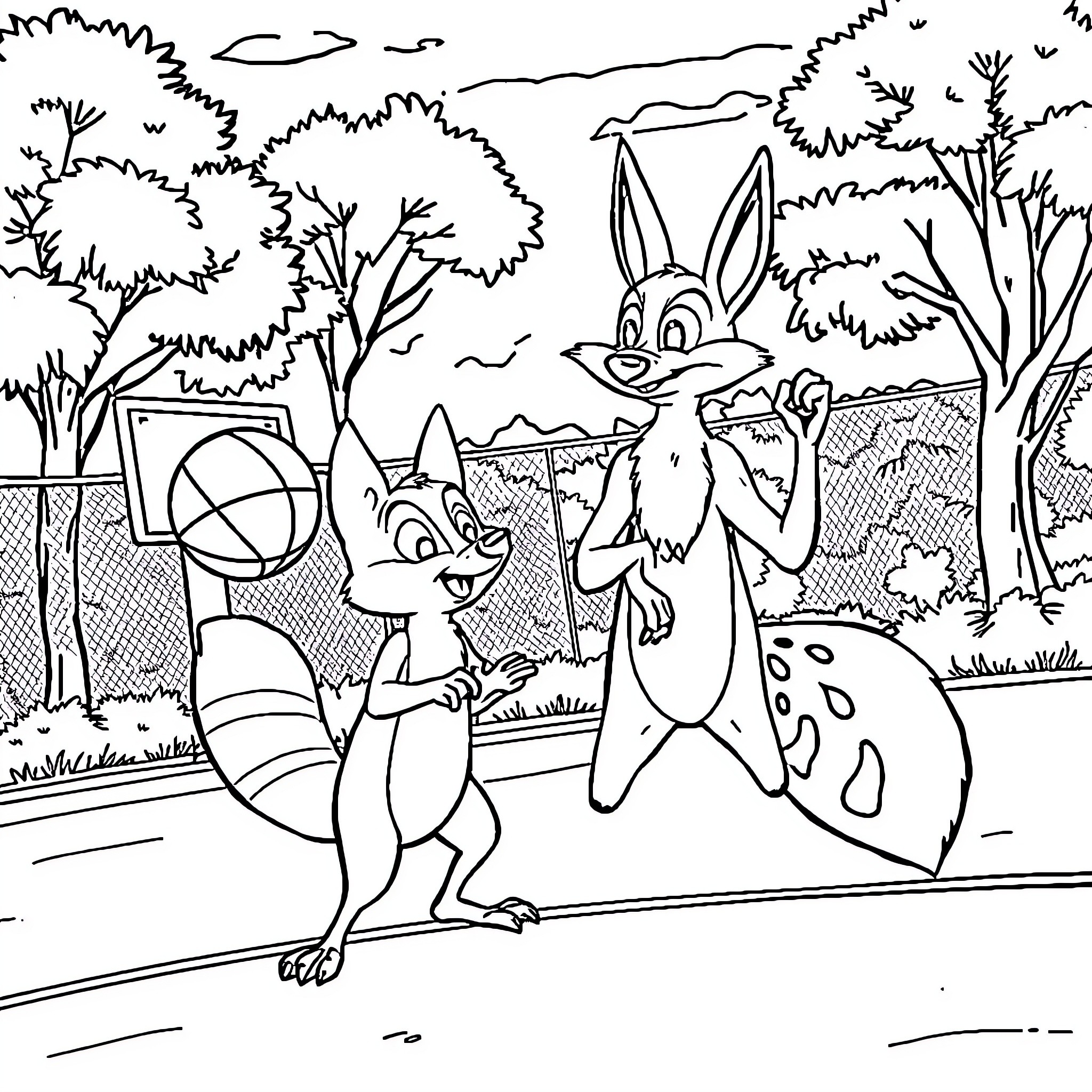 Pat Patrouille characters in a playful outdoor scene Coloring Page (free black-and-white line drawing printable PDF for all, from beginners to advanced learners, including children, teens, adults, and seniors)