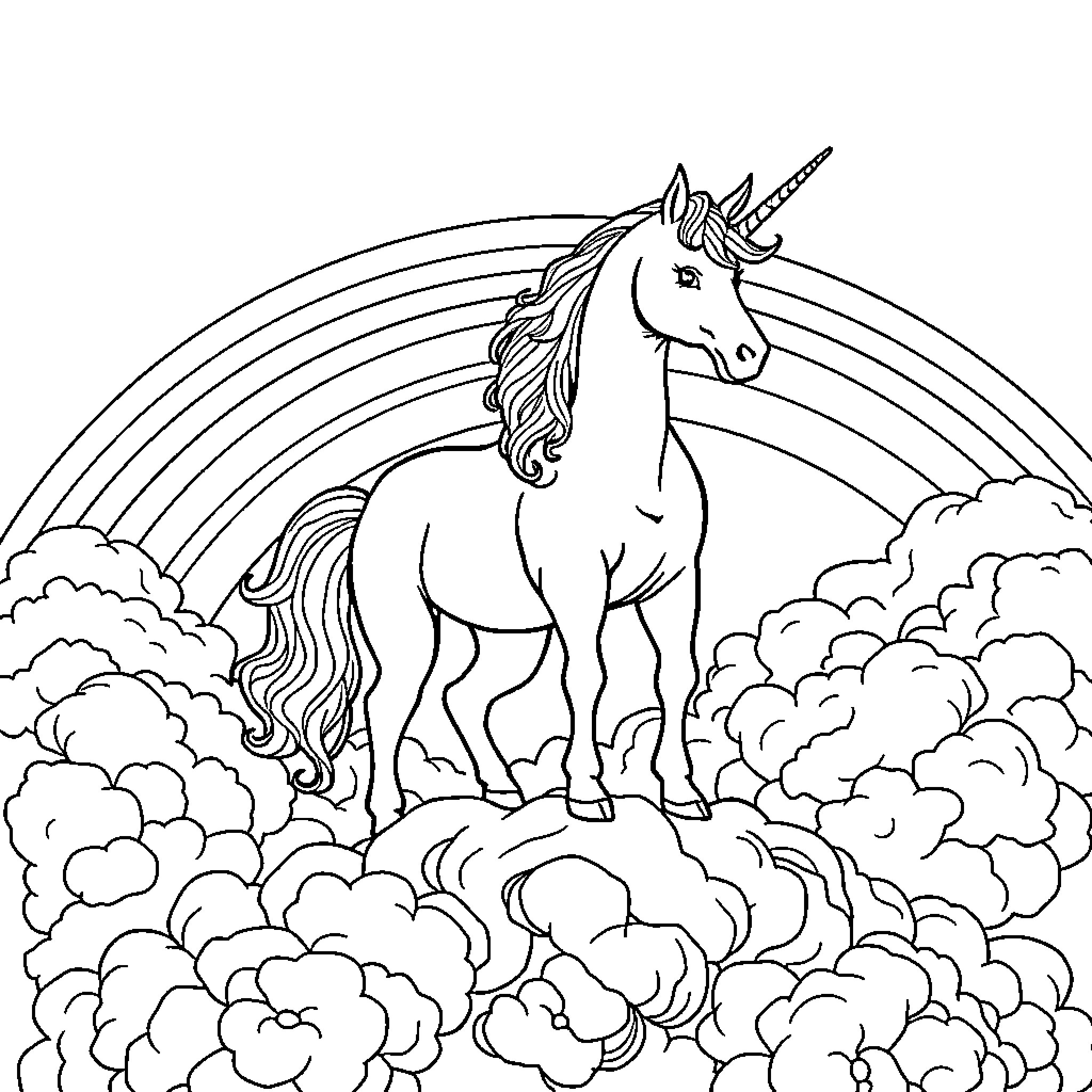 Unicorn galloping through clouds with rainbow Coloring Page (free black-and-white line drawing printable PDF for all, from beginners to advanced learners, including children, teens, adults, and seniors)