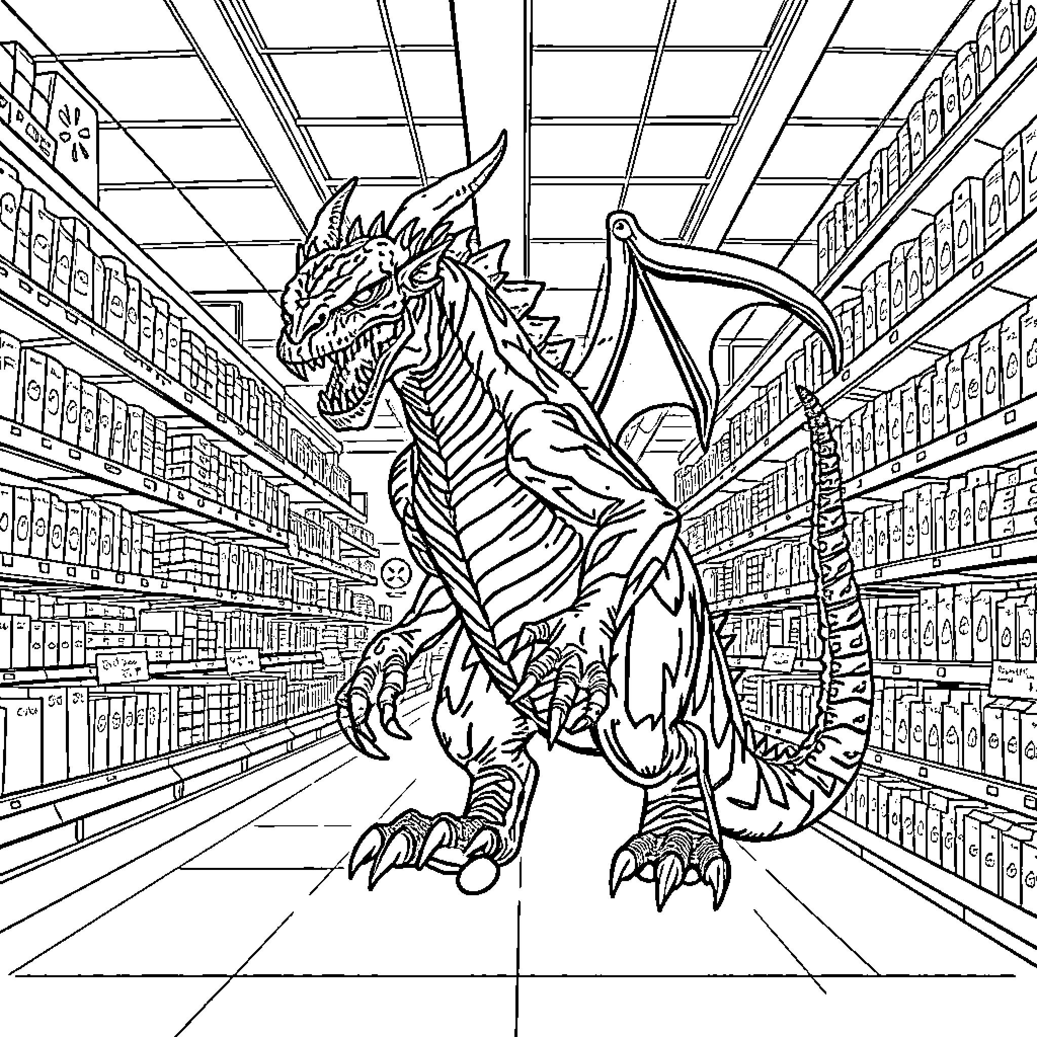 Demon Gorgon terrorizing a supermarket aisle Coloring Page (free black-and-white line drawing printable PDF for all, from beginners to advanced learners, including children, teens, adults, and seniors)