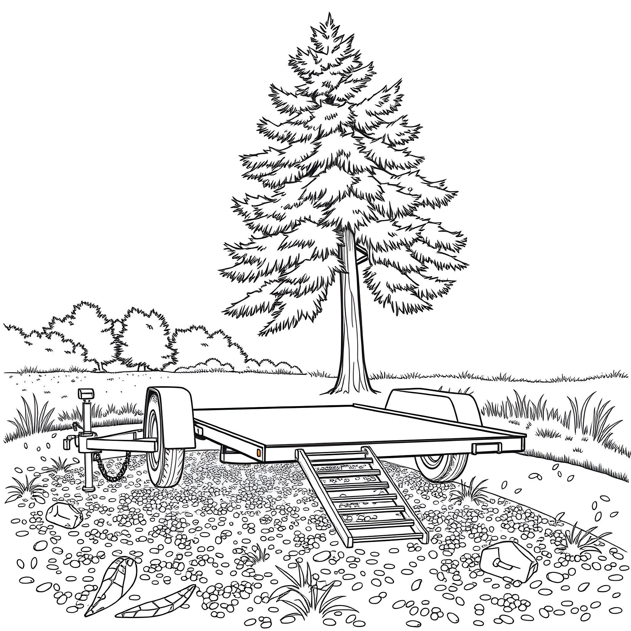 Car Trailer with Wooden Ramp in Outdoor Landscape Coloring Page (free black-and-white line drawing printable PDF for all, from beginners to advanced learners, including children, teens, adults, and seniors)