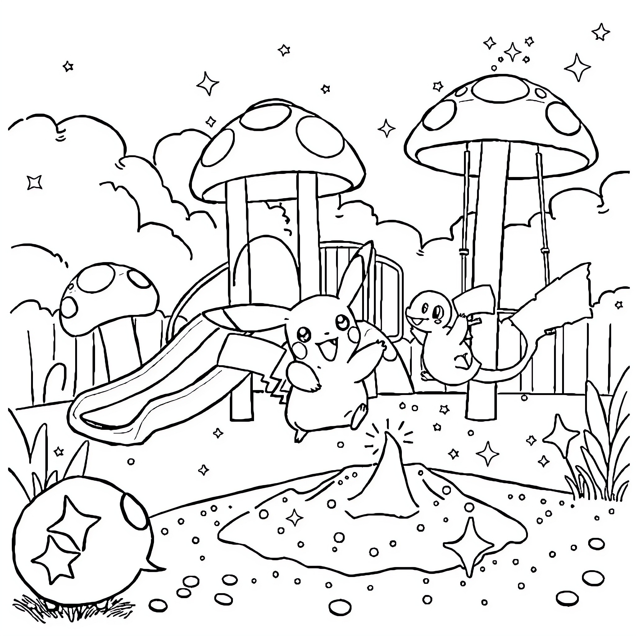 Pikachu playing joyfully in a whimsical mushroom garden Coloring Page (free black-and-white line drawing printable PDF for all, from beginners to advanced learners, including children, teens, adults, and seniors)