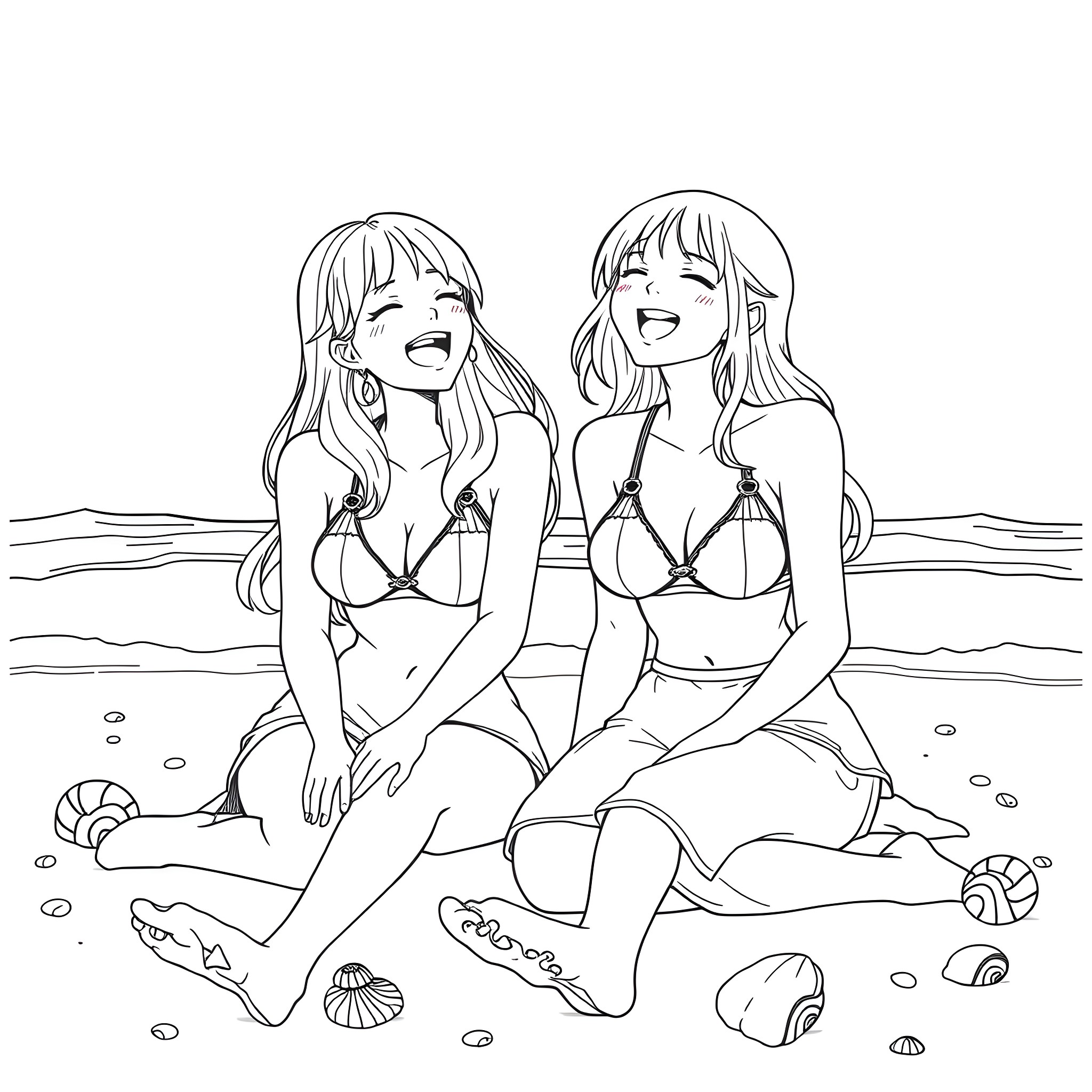 Tsunade and friends enjoy a beach day Coloring Page (free black-and-white line drawing printable PDF for all, from beginners to advanced learners, including children, teens, adults, and seniors)