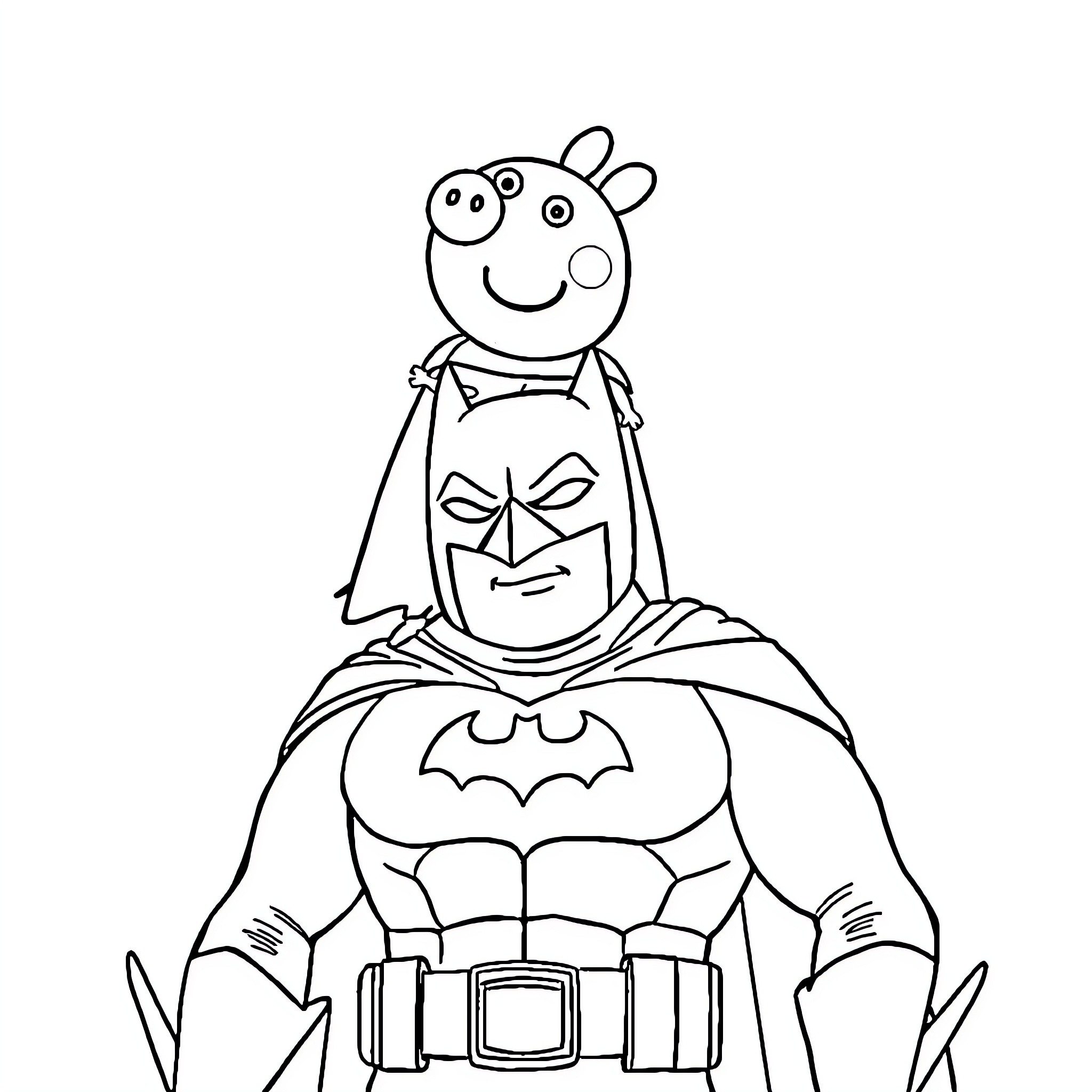 Peppa Pig meets a superhero in costume Coloring Page (free black-and-white line drawing printable PDF for all, from beginners to advanced learners, including children, teens, adults, and seniors)