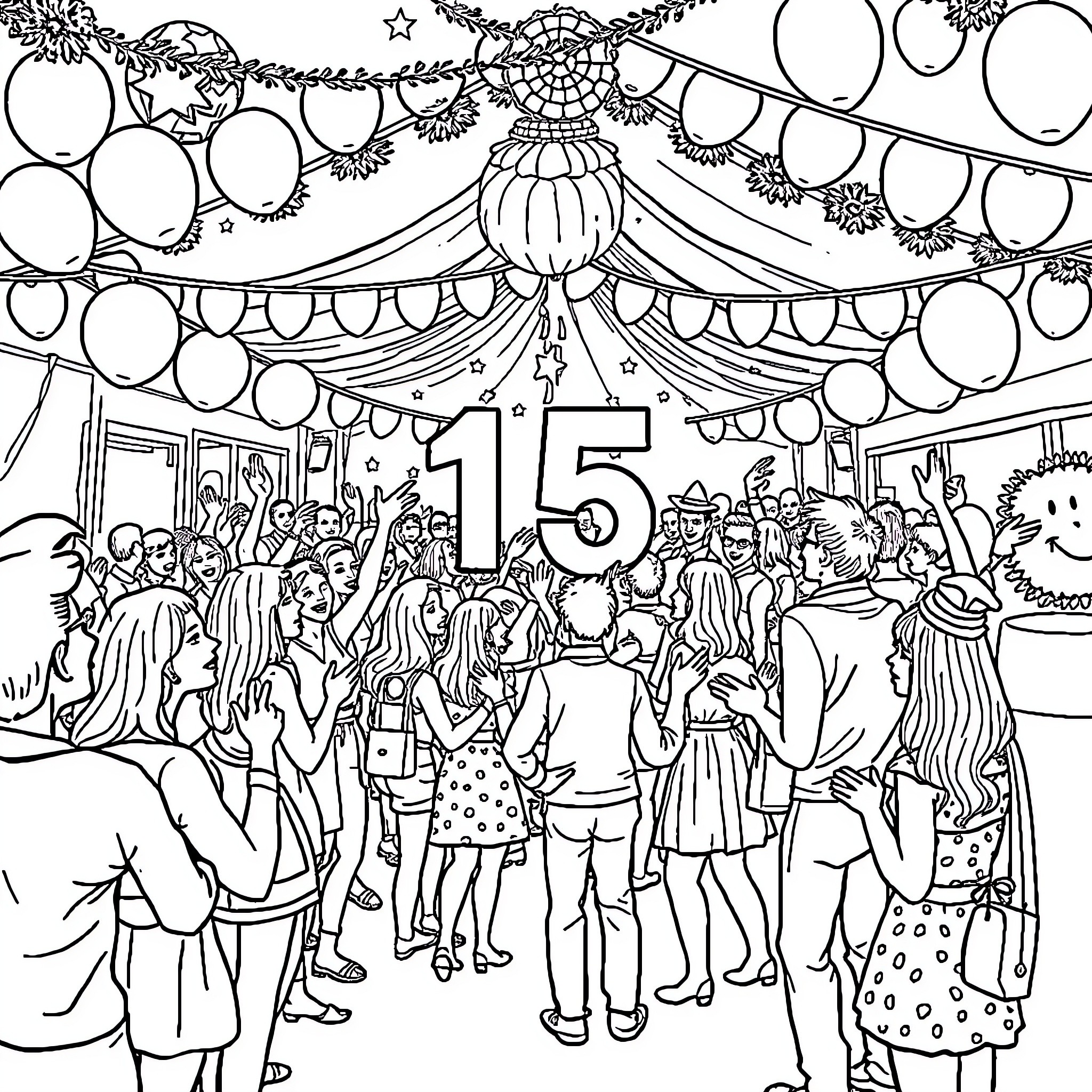 Celebration of a Festive Gathering with Decorations Coloring Page (free black-and-white line drawing printable PDF for all, from beginners to advanced learners, including children, teens, adults, and seniors)