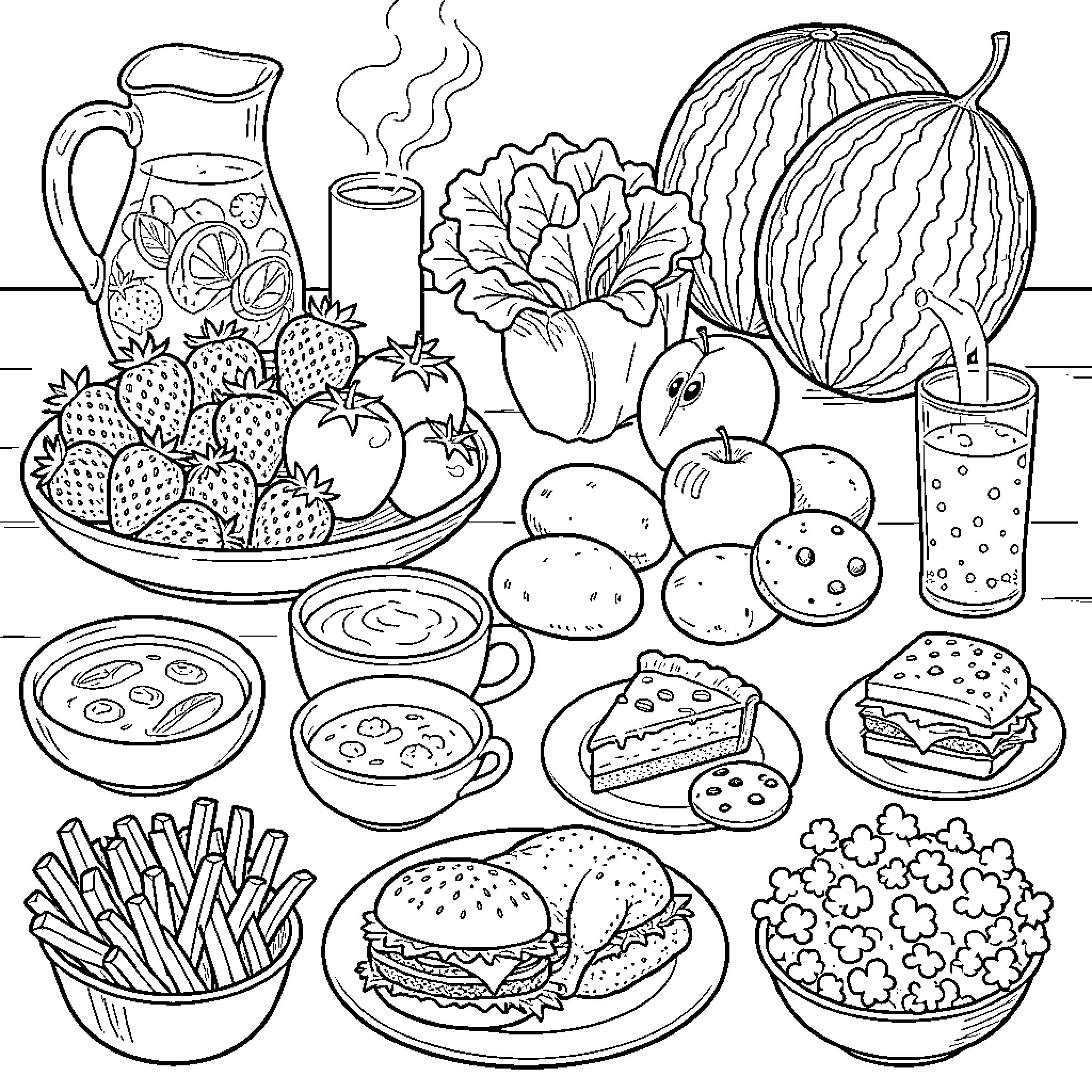 Food variety spread across a wooden table Coloring Page (free black-and-white line drawing printable PDF for all, from beginners to advanced learners, including children, teens, adults, and seniors)
