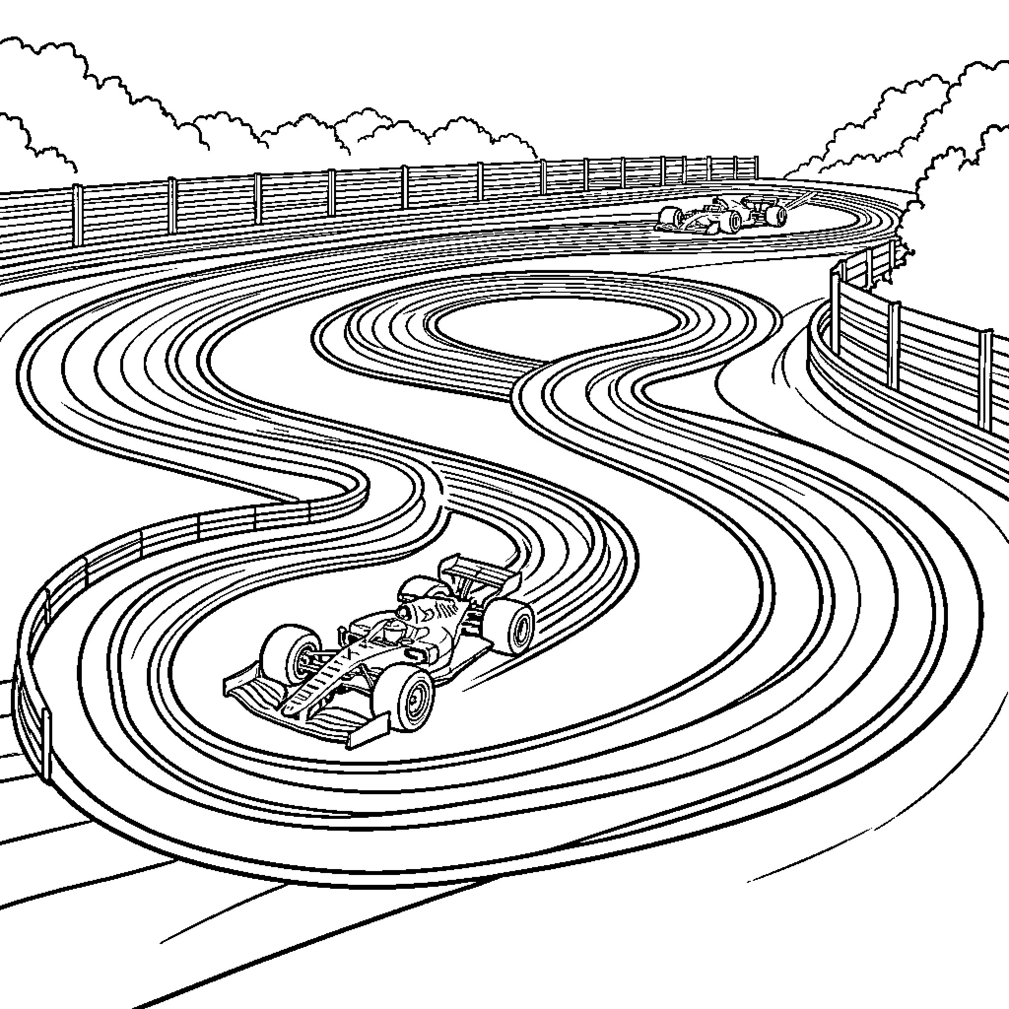 F1 Circuit with Racing Cars in Action Coloring Page (free black-and-white line drawing printable PDF for all, from beginners to advanced learners, including children, teens, adults, and seniors)