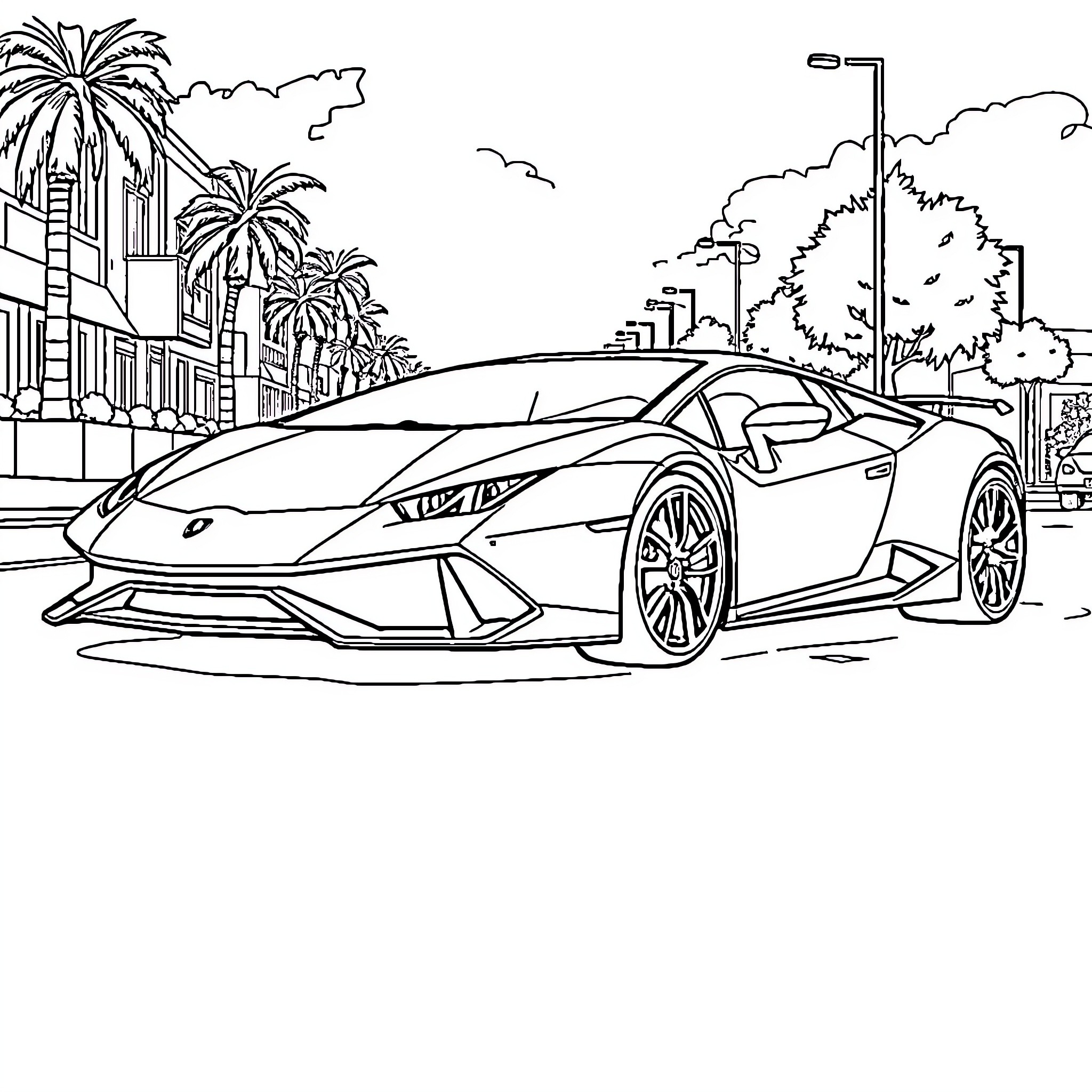 Lamborghini sports car on scenic coastal road Coloring Page (free black-and-white line drawing printable PDF for all, from beginners to advanced learners, including children, teens, adults, and seniors)