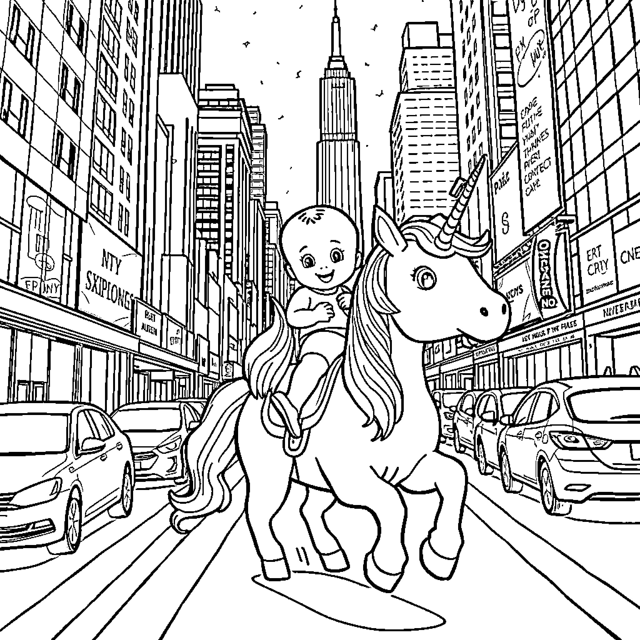 Baby Riding Unicorn in Magical City Coloring Page (free black-and-white line drawing printable PDF for all, from beginners to advanced learners, including children, teens, adults, and seniors)