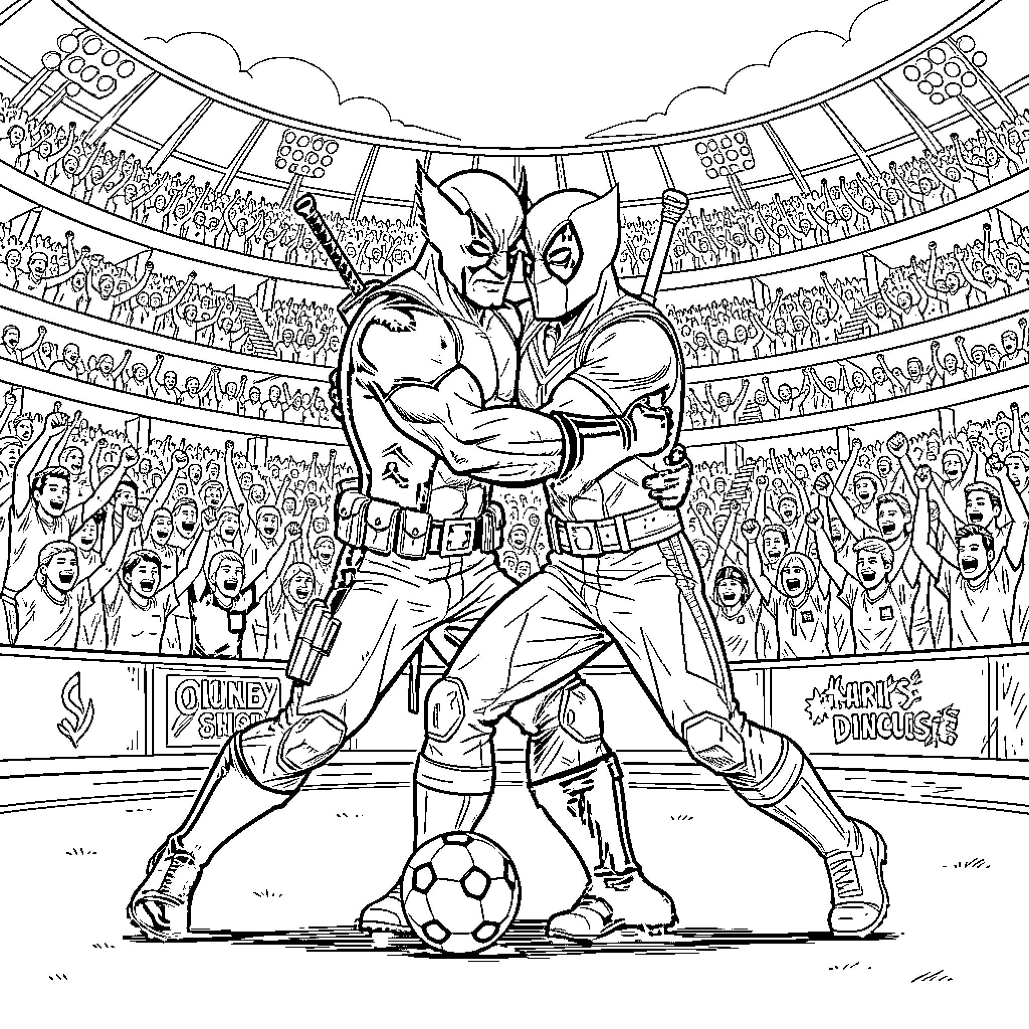Wolverine and Deadpool embracing in a crowded stadium Coloring Page (free black-and-white line drawing printable PDF for all, from beginners to advanced learners, including children, teens, adults, and seniors)