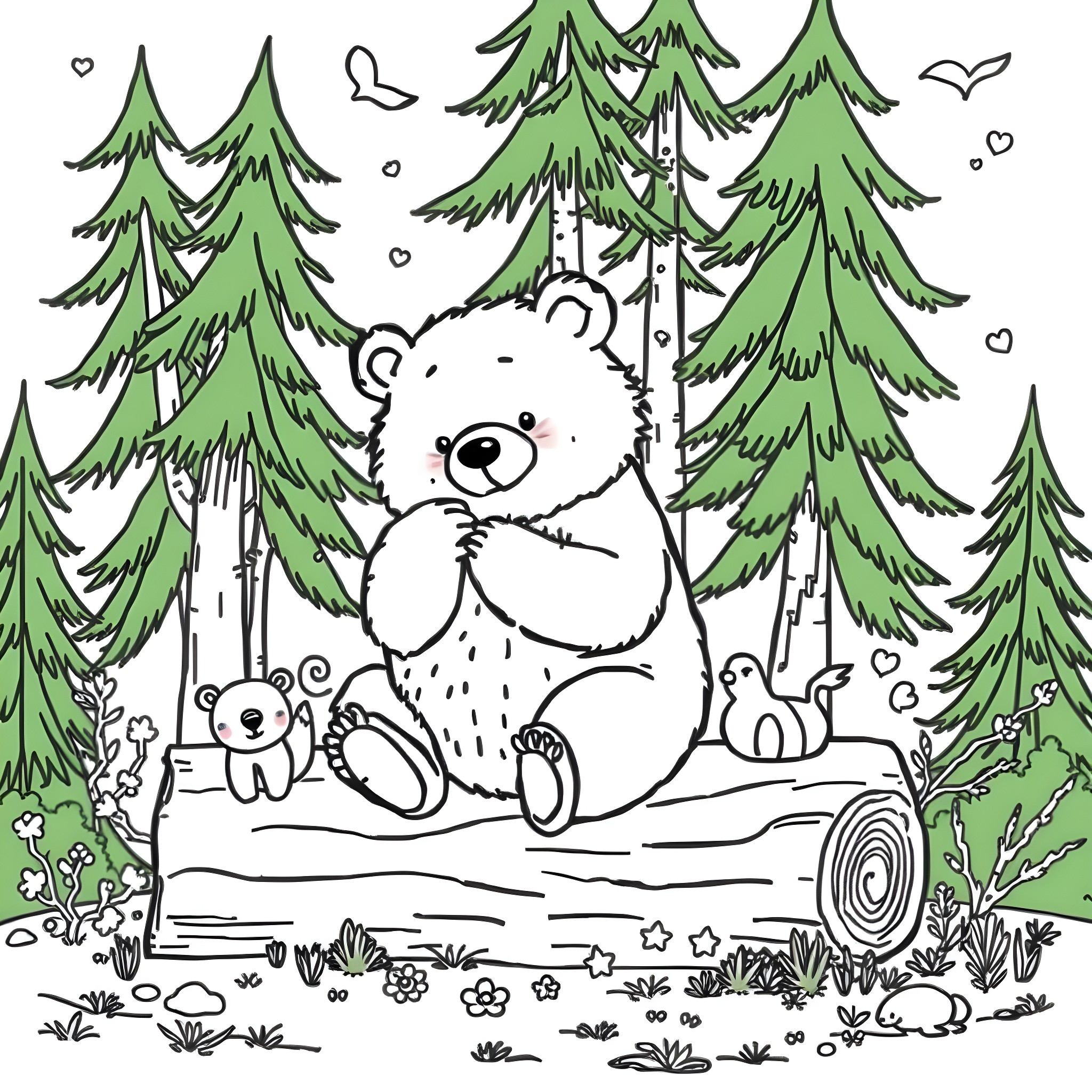 Bear and cubs playing in the forest Coloring Page (free black-and-white line drawing printable PDF for all, from beginners to advanced learners, including children, teens, adults, and seniors)