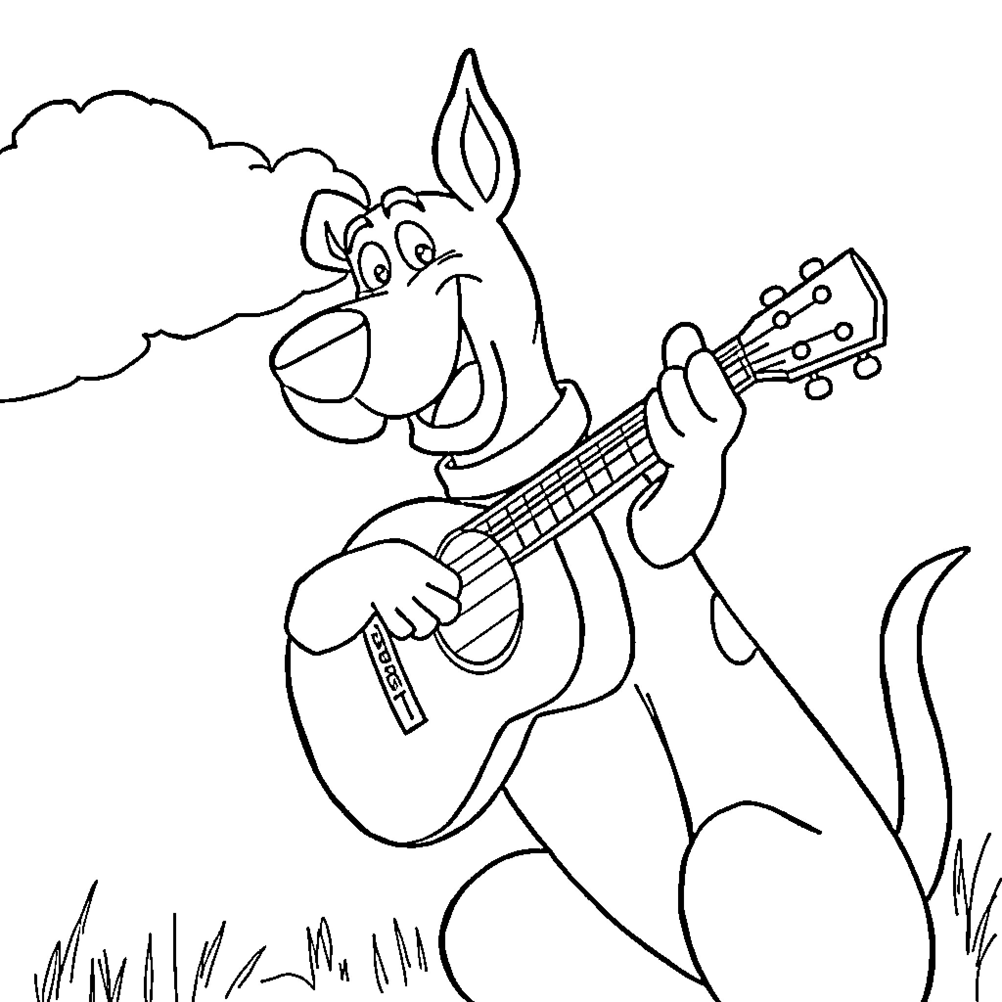 Scooby Doo playing guitar in the park Coloring Page (free black-and-white line drawing printable PDF for all, from beginners to advanced learners, including children, teens, adults, and seniors)