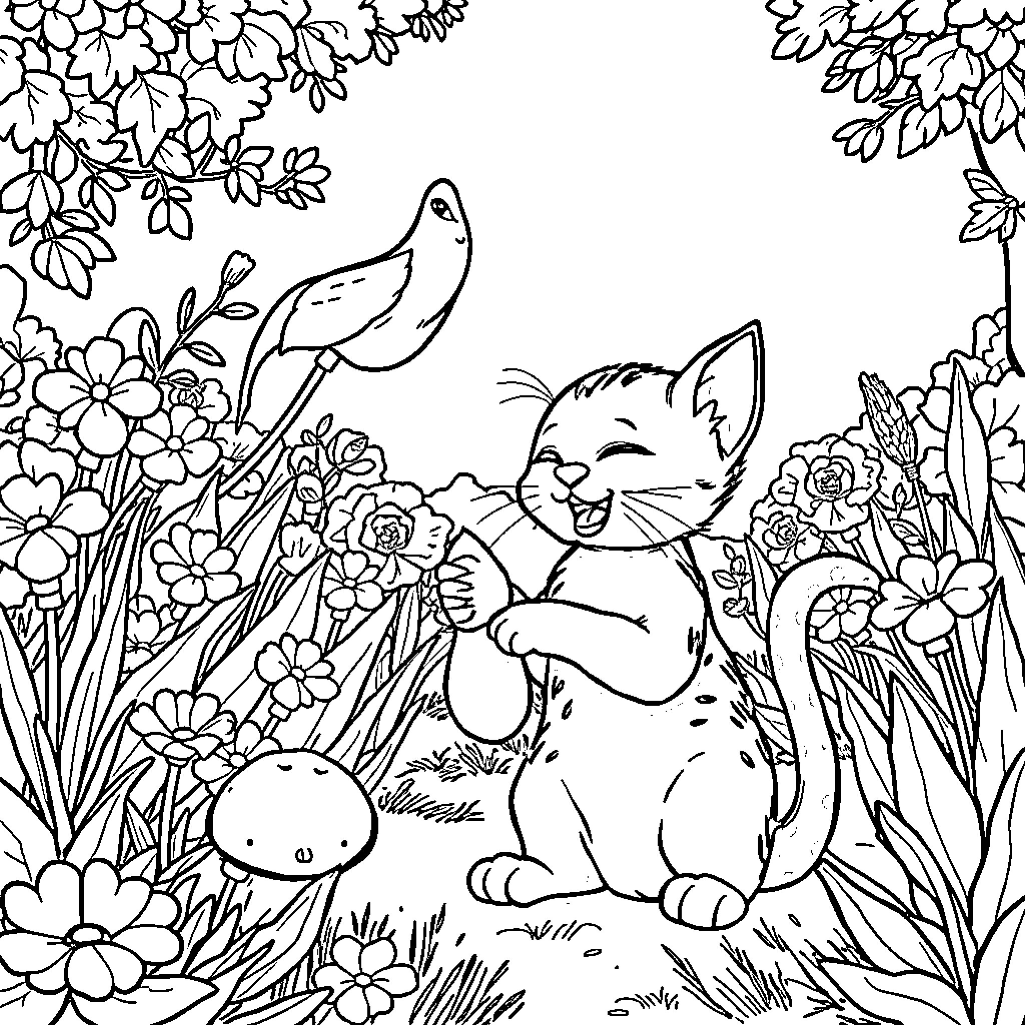 Gato playing joyfully in a floral garden Coloring Page (free black-and-white line drawing printable PDF for all, from beginners to advanced learners, including children, teens, adults, and seniors)