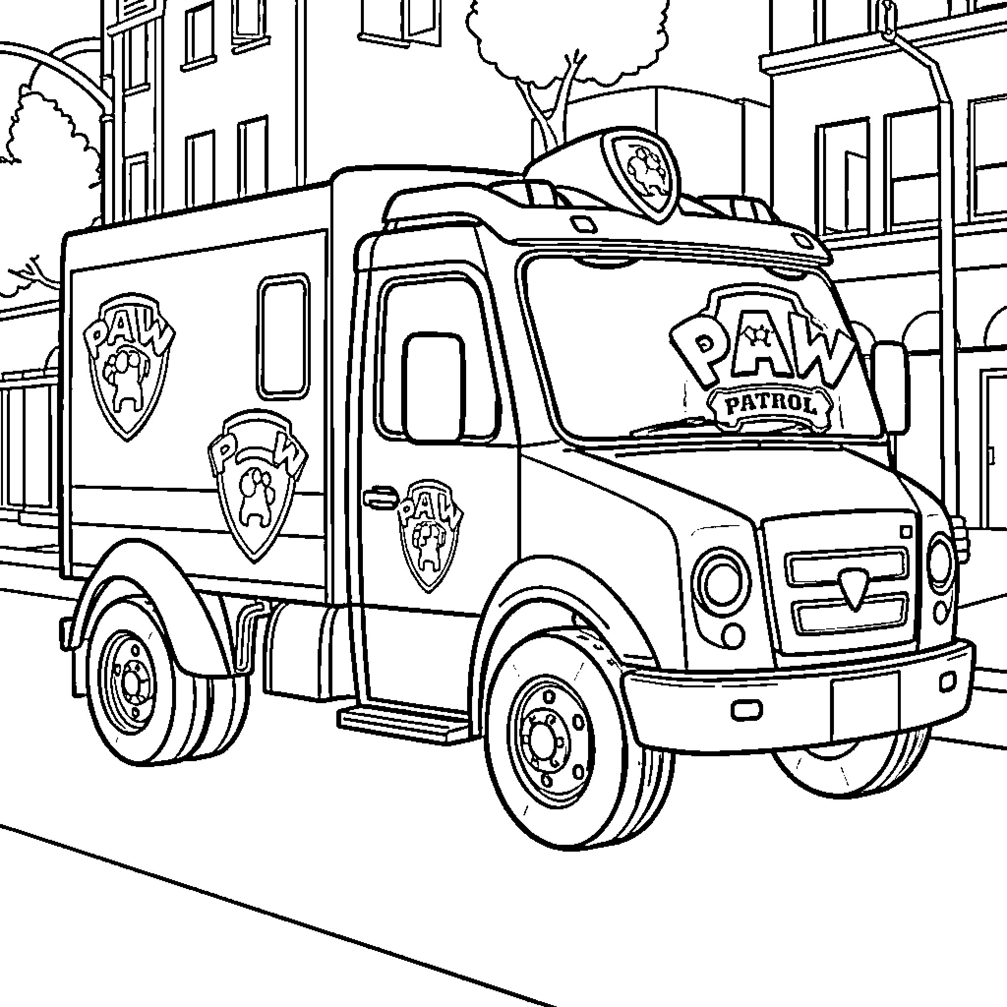 Truck carrying Paw Patrol rescue vehicle on city street Coloring Page (free black-and-white line drawing printable PDF for all, from beginners to advanced learners, including children, teens, adults, and seniors)
