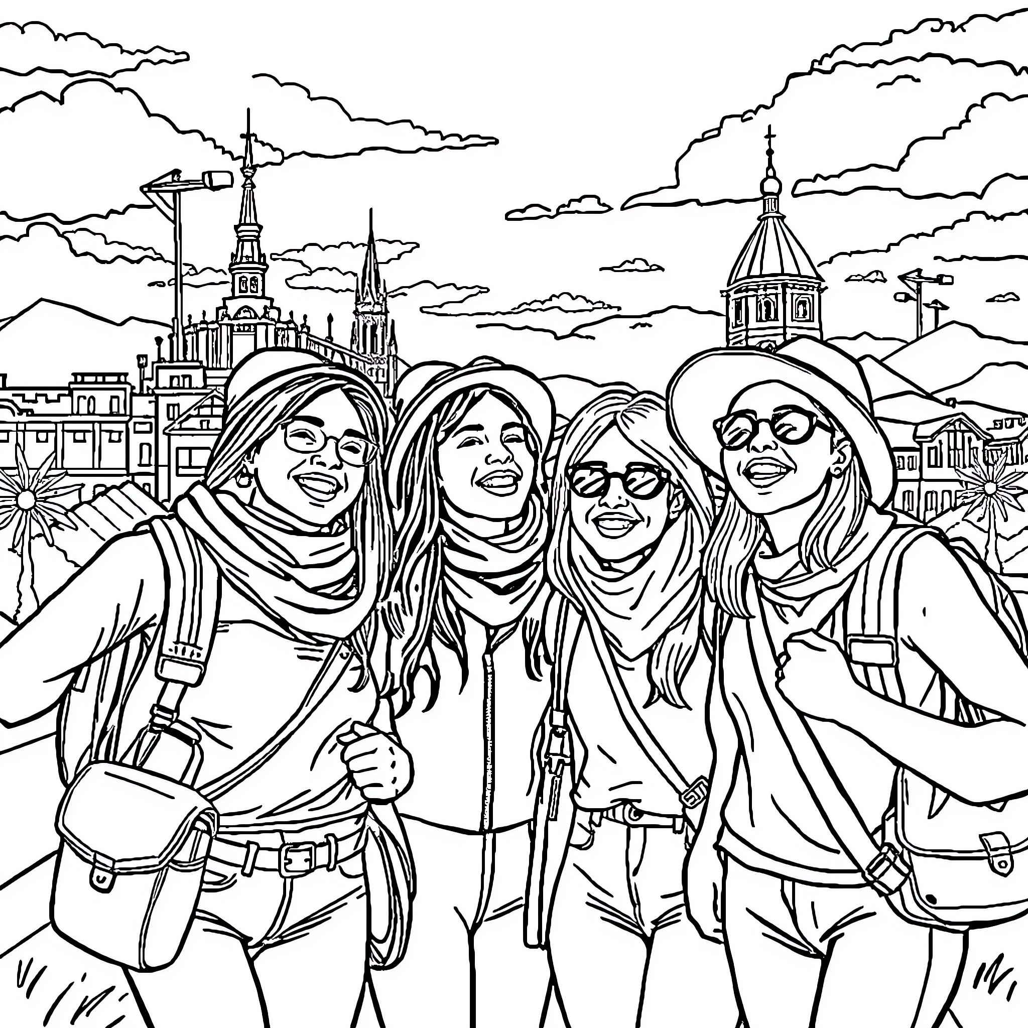 Friend enjoying a city adventure together Coloring Page (free black-and-white line drawing printable PDF for all, from beginners to advanced learners, including children, teens, adults, and seniors)