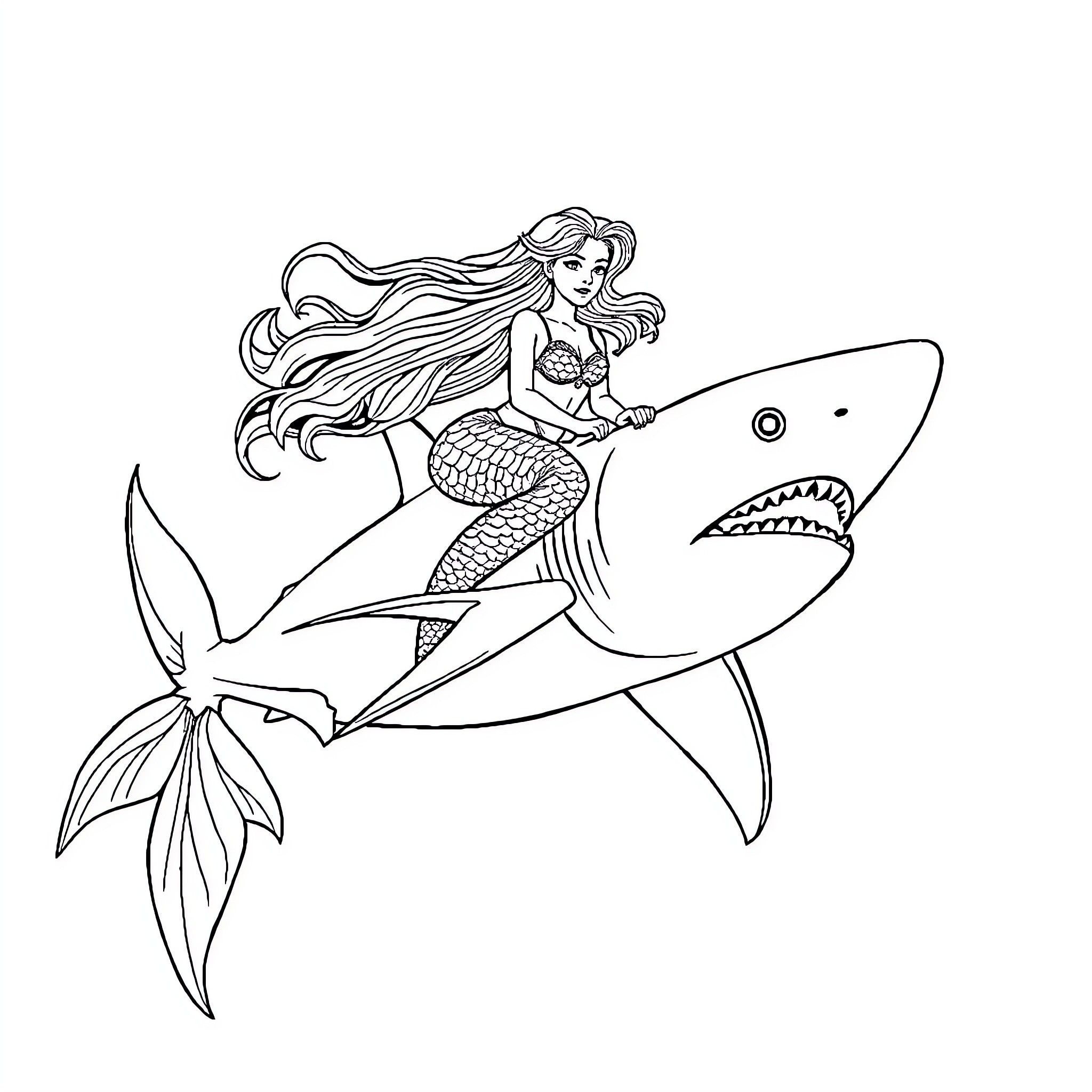 Mermaid riding a fierce shark Coloring Page (free black-and-white line drawing printable PDF for all, from beginners to advanced learners, including children, teens, adults, and seniors)