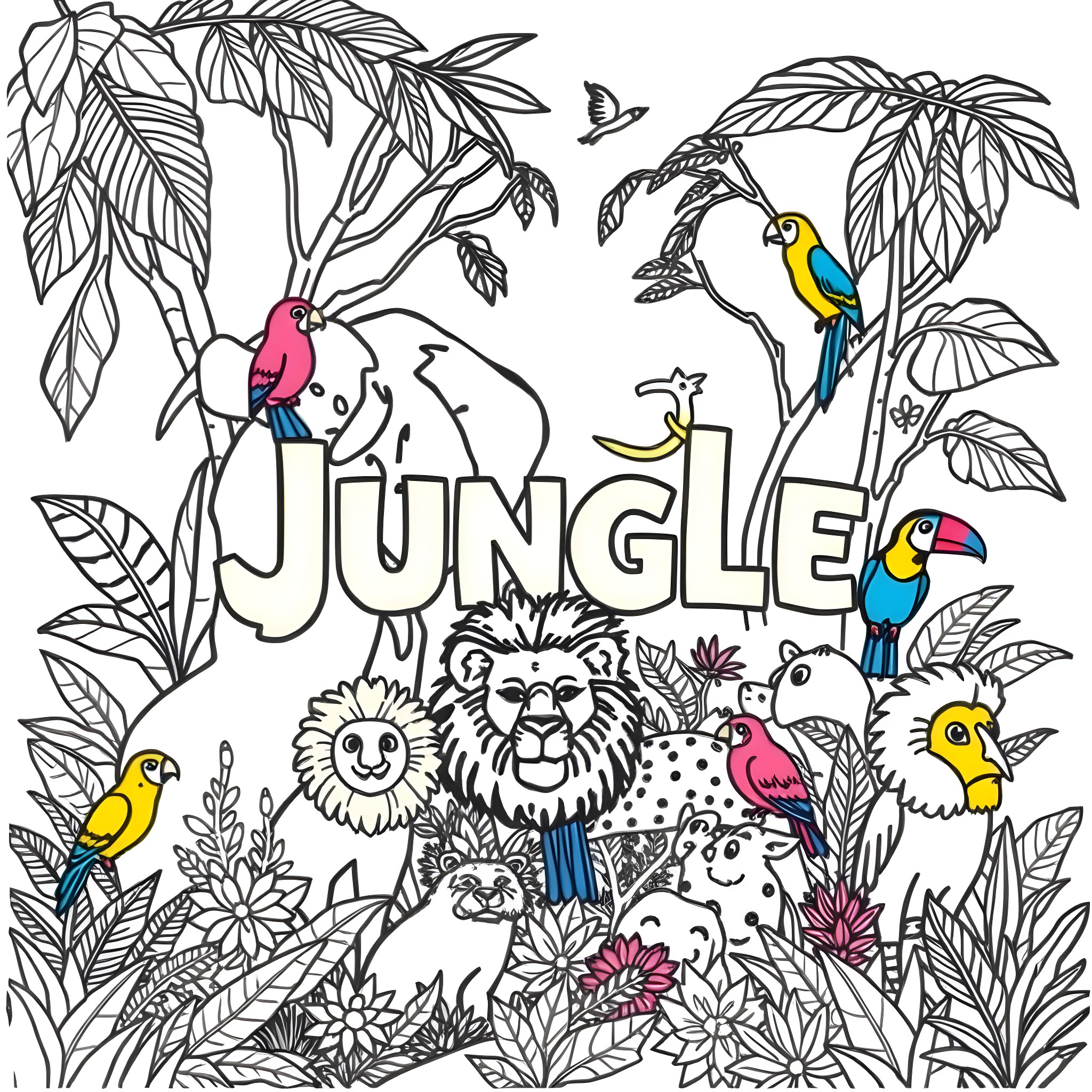 Animal adventure in the lush jungle Coloring Page (free black-and-white line drawing printable PDF for all, from beginners to advanced learners, including children, teens, adults, and seniors)