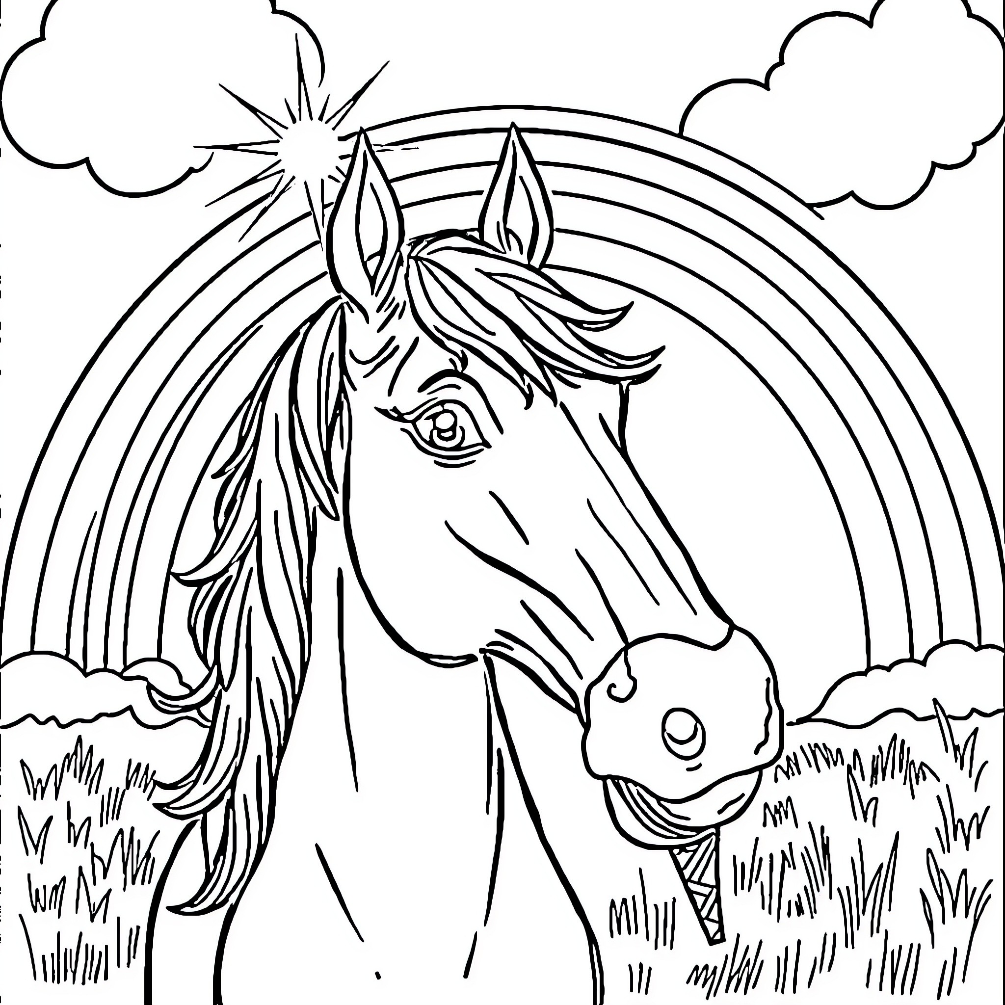 Horse with majestic rainbow and clouds Coloring Page (free black-and-white line drawing printable PDF for all, from beginners to advanced learners, including children, teens, adults, and seniors)
