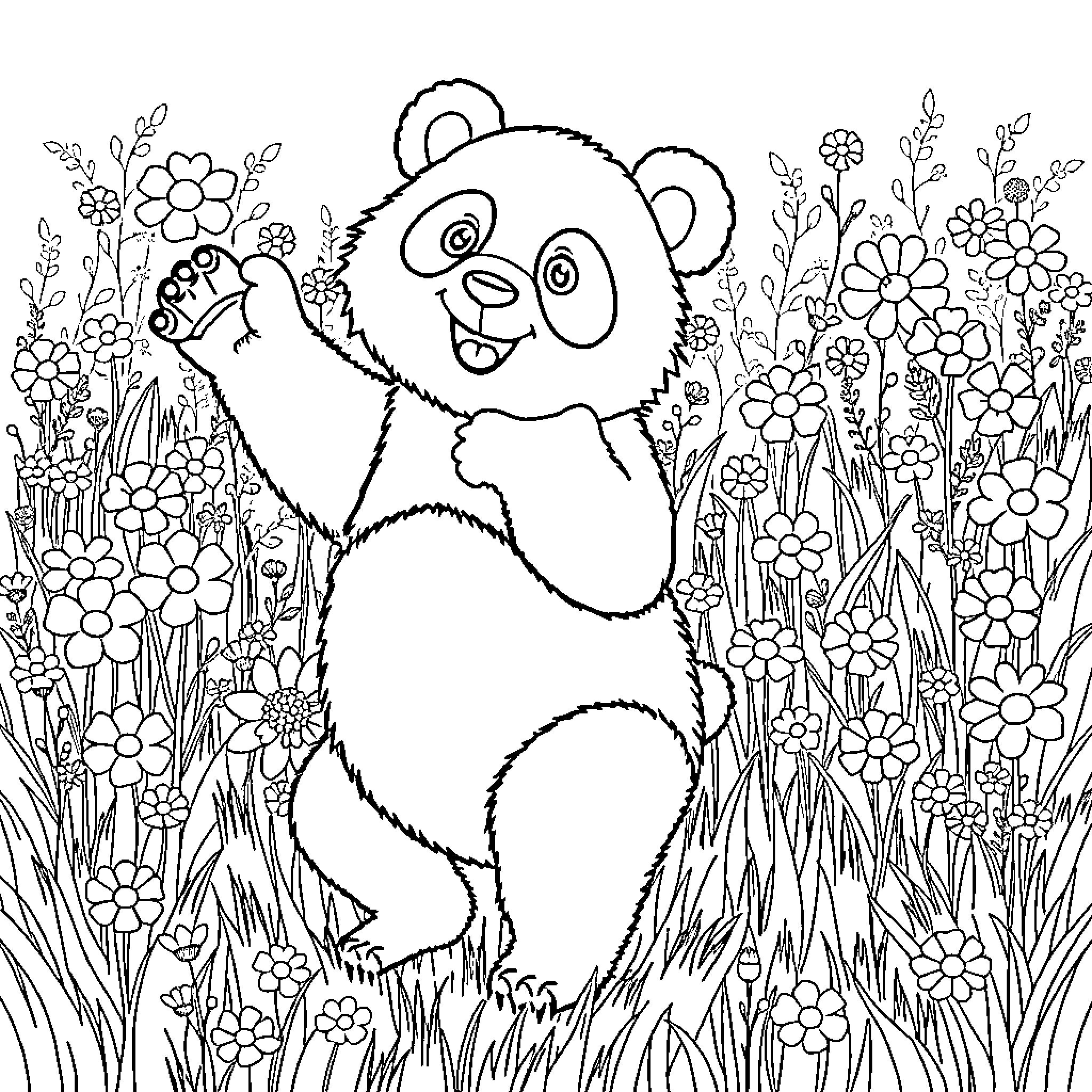 Panda surrounded by whimsical flowers Coloring Page (free black-and-white line drawing printable PDF for all, from beginners to advanced learners, including children, teens, adults, and seniors)