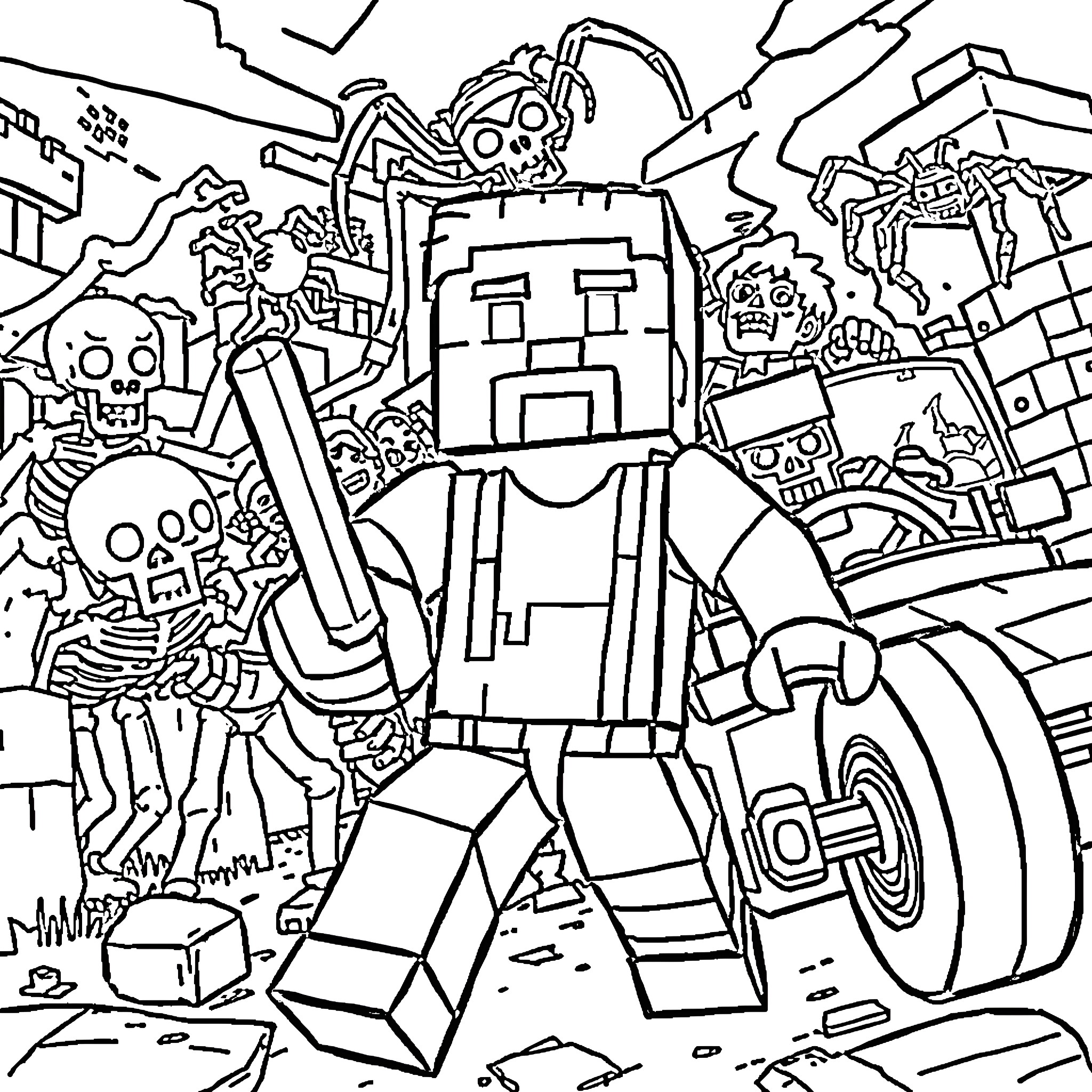 Steve's Extraordinary Adventure in the Chaotic Landscape Coloring Page (free black-and-white line drawing printable PDF for all, from beginners to advanced learners, including children, teens, adults, and seniors)