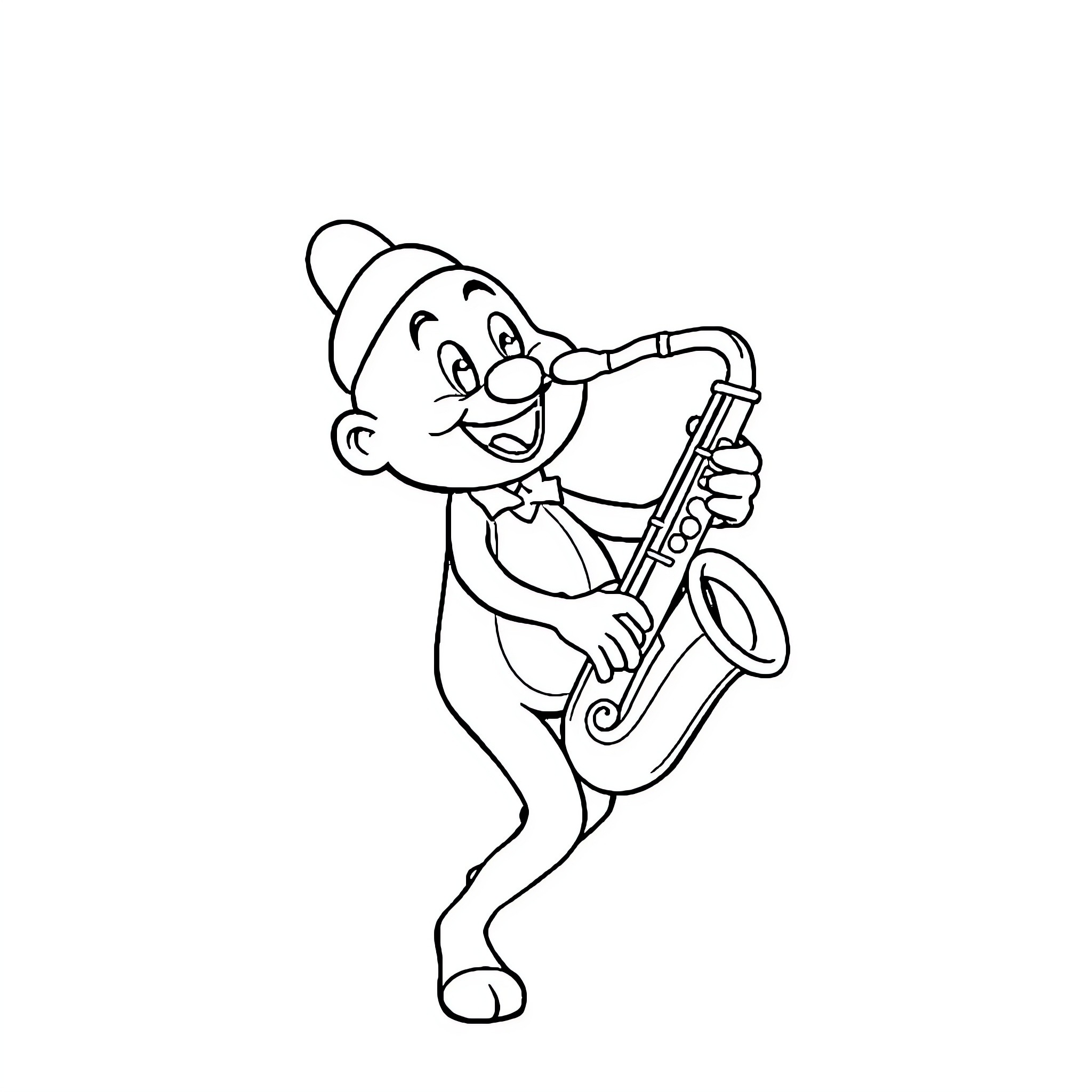 Bluey playing happily with saxophone Coloring Page (free black-and-white line drawing printable PDF for all, from beginners to advanced learners, including children, teens, adults, and seniors)