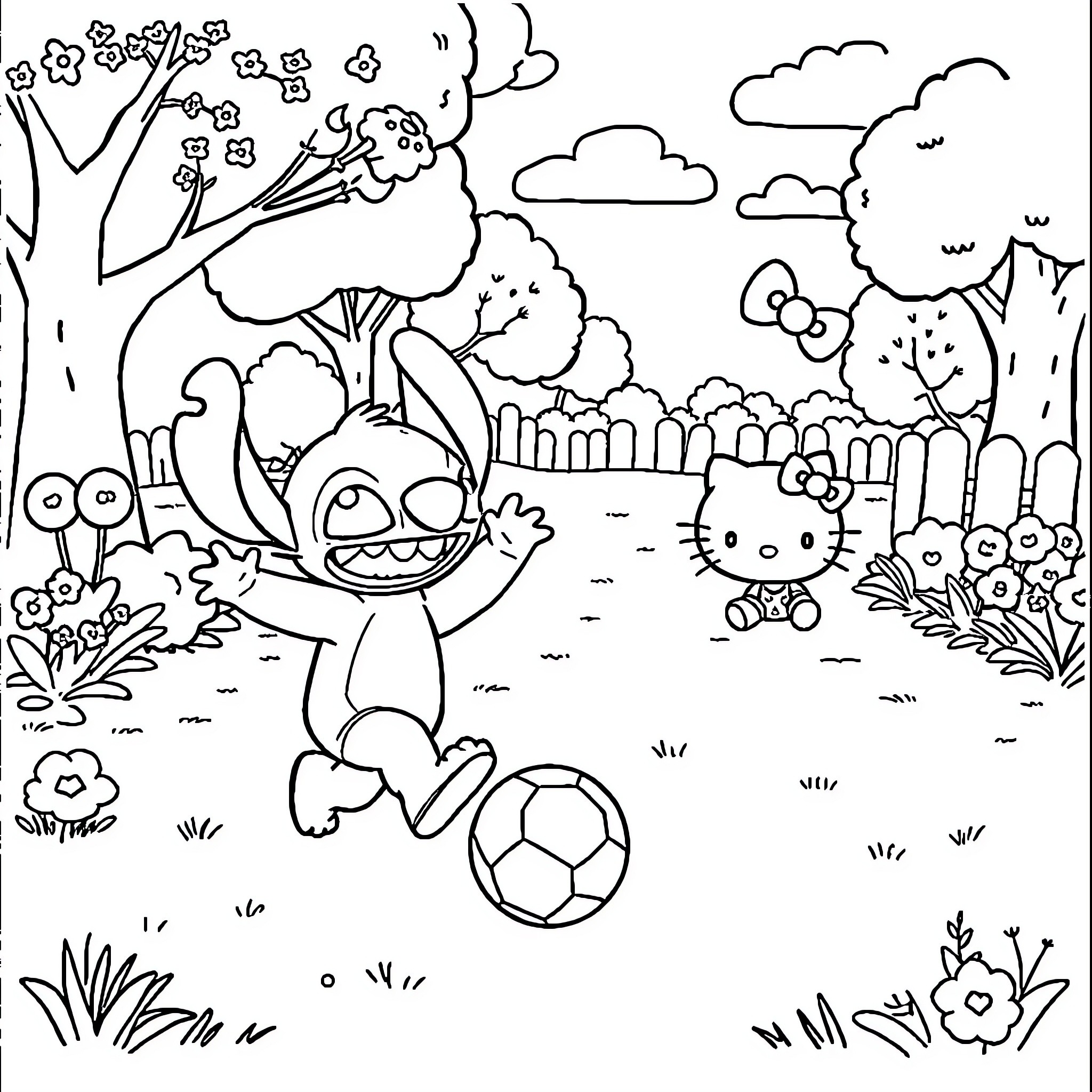 Stitch playing joyfully in a whimsical outdoor scene Coloring Page (free black-and-white line drawing printable PDF for all, from beginners to advanced learners, including children, teens, adults, and seniors)