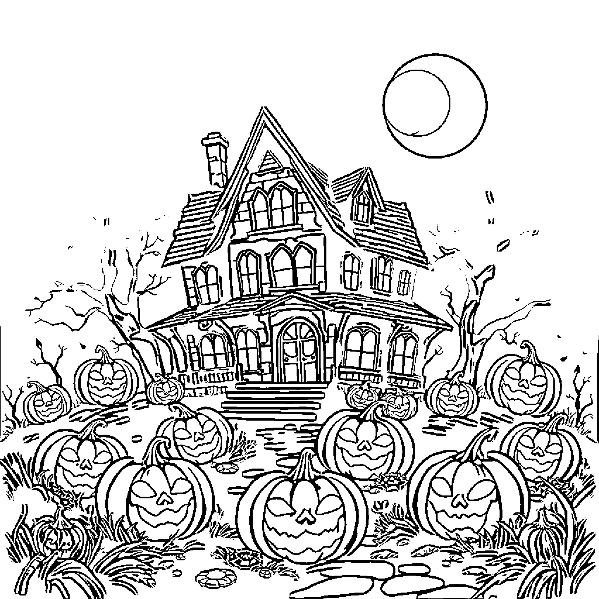 Haunted House Surrounded by Carved Pumpkins Coloring Page (free black-and-white line drawing printable PDF for all, from beginners to advanced learners, including children, teens, adults, and seniors)