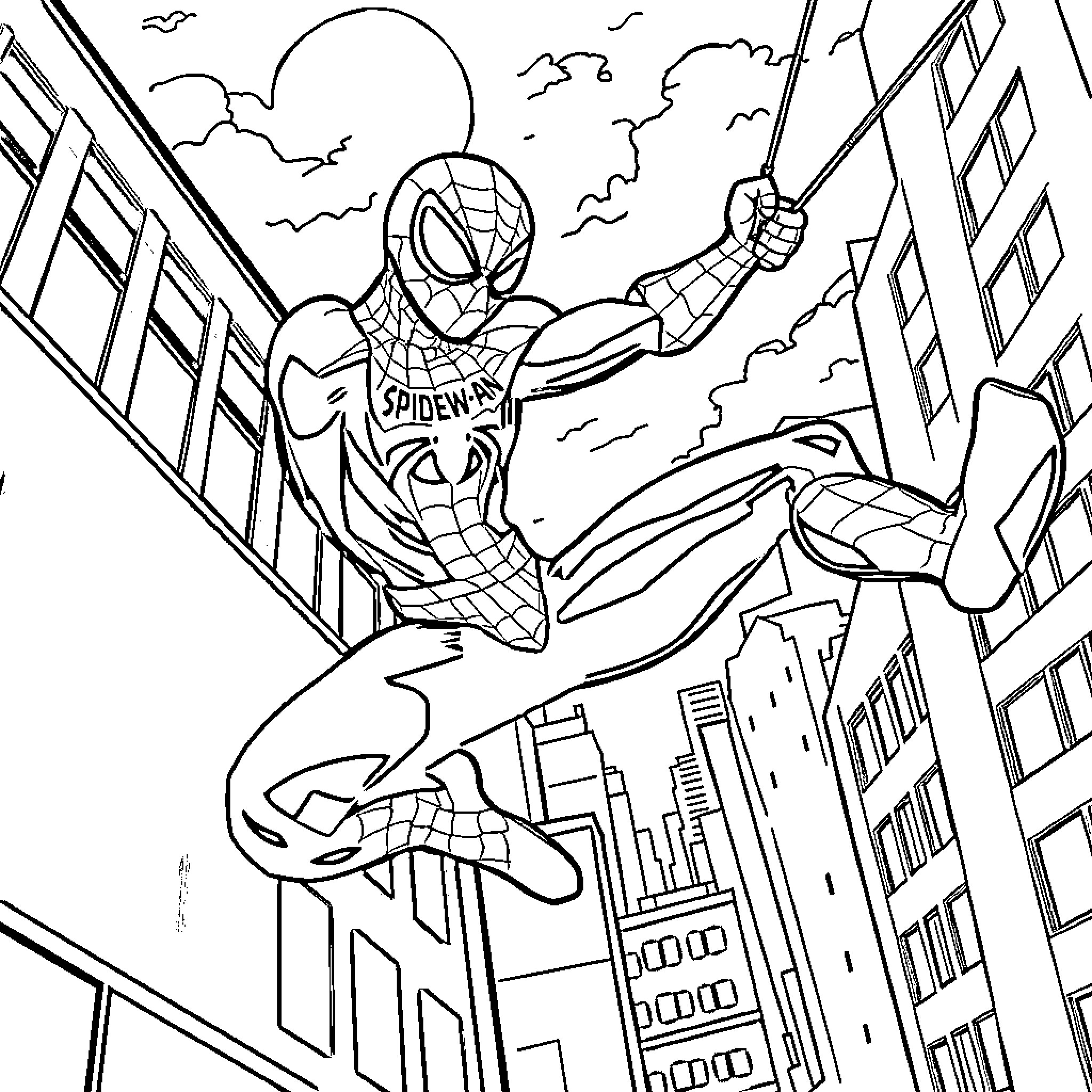 Spider-Man swinging through the city skyline Coloring Page (free black-and-white line drawing printable PDF for all, from beginners to advanced learners, including children, teens, adults, and seniors)