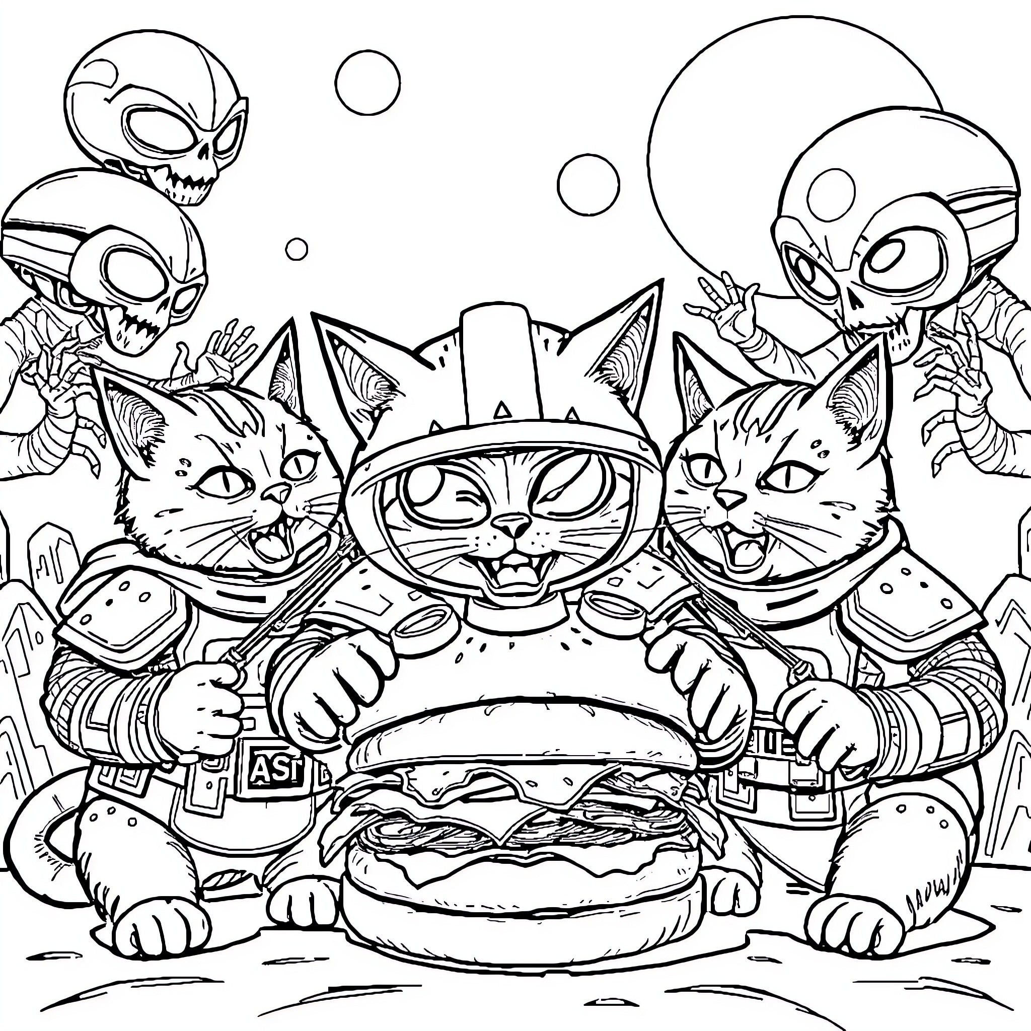 Cat Space Crew Exploring Cosmic Burger Adventure Coloring Page (free black-and-white line drawing printable PDF for all, from beginners to advanced learners, including children, teens, adults, and seniors)