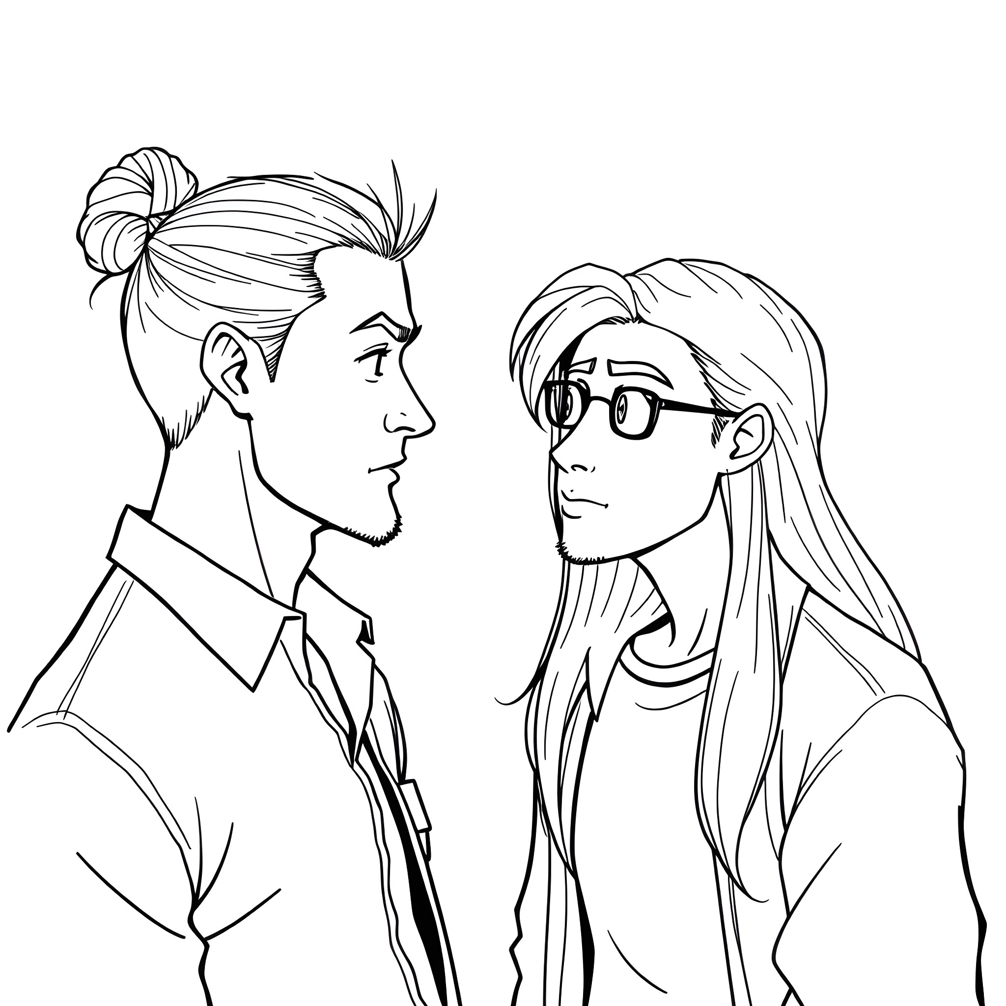 Man and woman in conversation Coloring Page (free black-and-white line drawing printable PDF for all, from beginners to advanced learners, including children, teens, adults, and seniors)