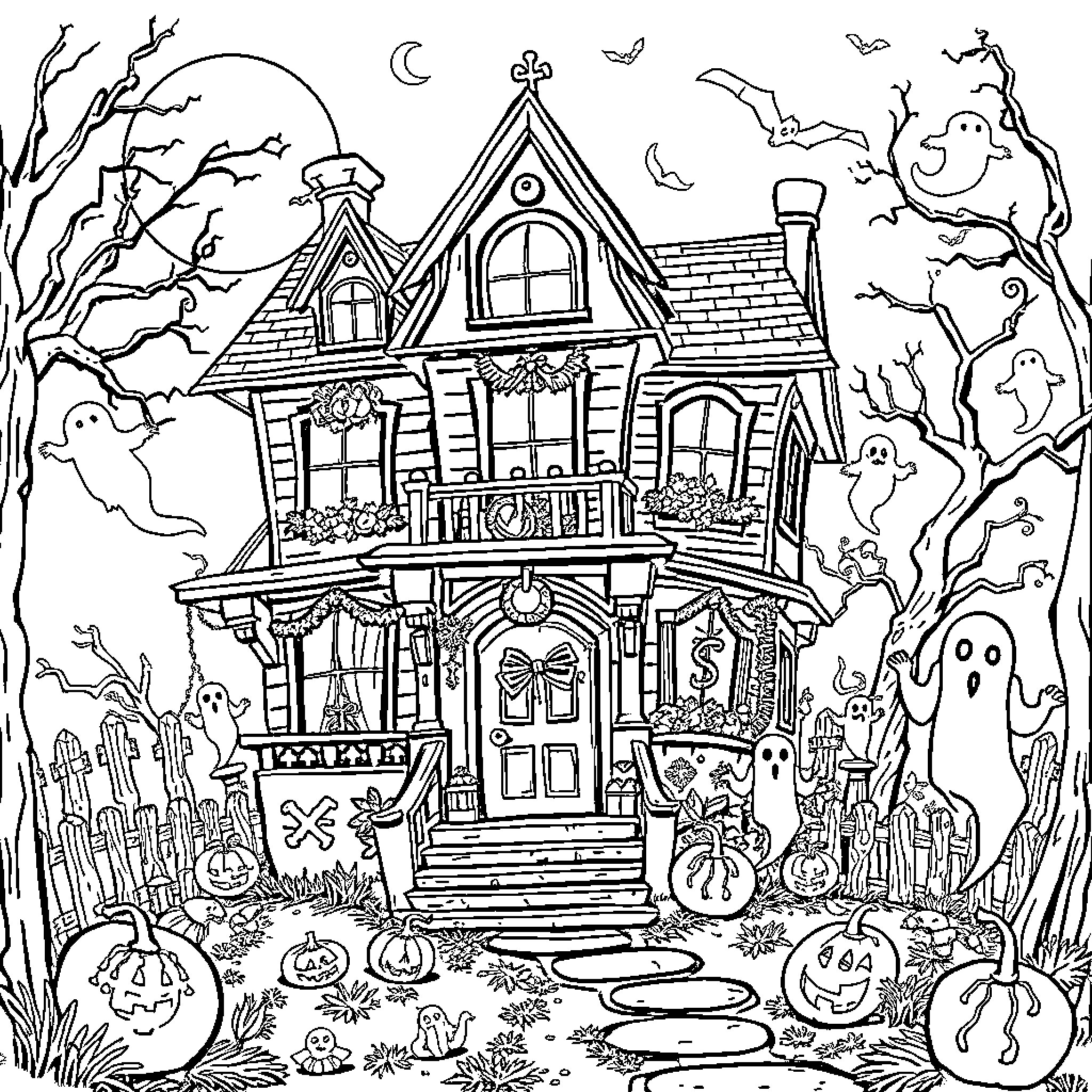Haunted House with Spooky Decorations and Ghostly Figures Coloring Page (free black-and-white line drawing printable PDF for all, from beginners to advanced learners, including children, teens, adults, and seniors)