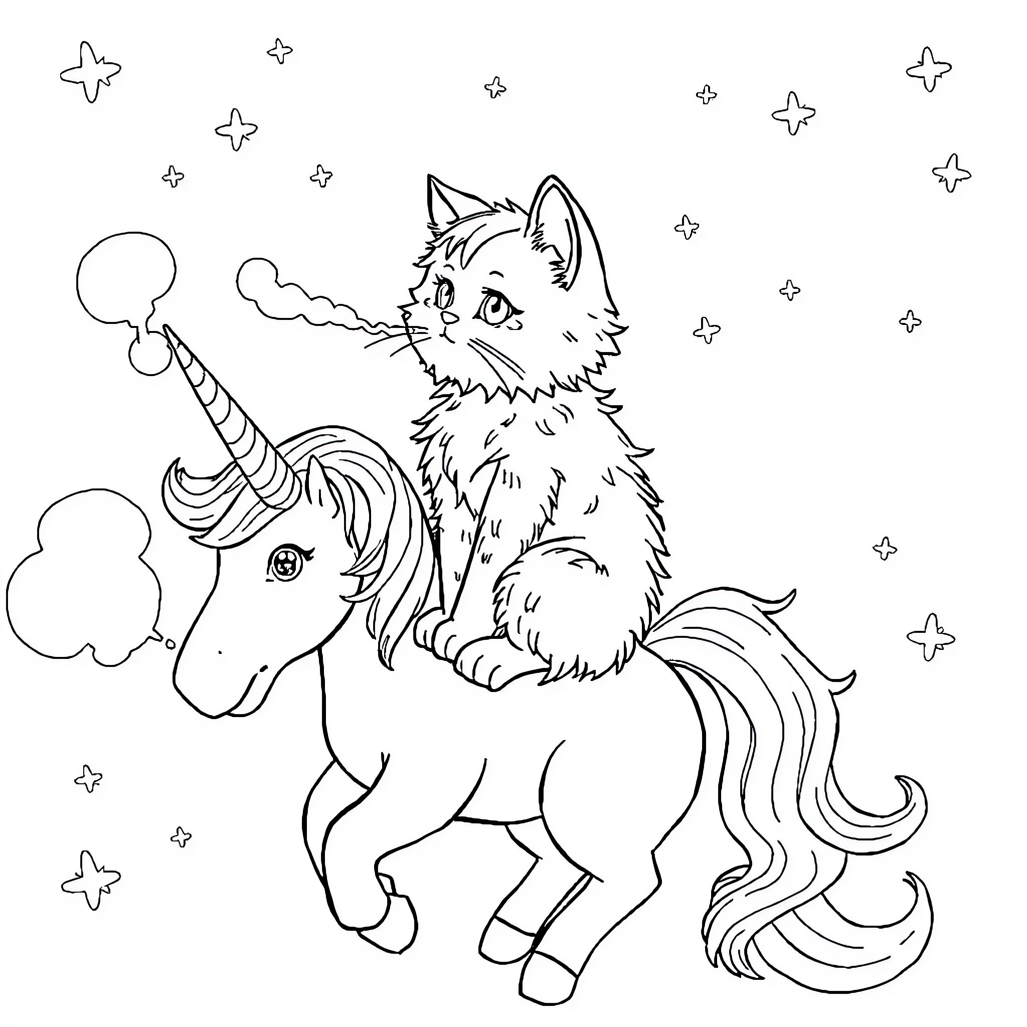 Cat riding a magical unicorn Coloring Page (free black-and-white line drawing printable PDF for all, from beginners to advanced learners, including children, teens, adults, and seniors)